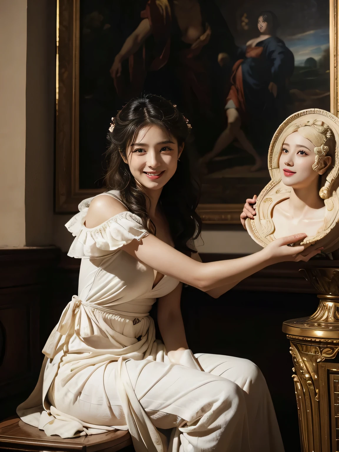 Poussin-style landscape,A smile,,Sweet and seductive appearance.、Caravaggio's paintings、Chiaroscuro of Caravaggio、Hair disheveled in the wind,Two women frolicking,Cute smile, Expression of ecstasy,A sexy,erotic,Raffaello Santi painting style,Arguments of two female 、roses in vase、fruits、Cute trinkets、smile、ancient greek costume、Woman standing on ancient Roman ruins ,A big smileare skin,