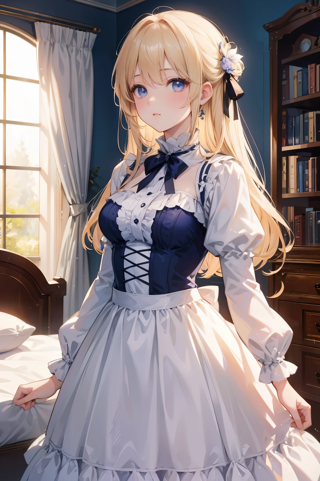 masterpiece, best quality, (Very detailed CG unified 8K wallpaper), (best quality), (Best Illustration), (best shadow), (stable diffusion model), Violet Evergarden, sparkling, beautiful, victorian style bedroom, Dynamic lighting, depth of field