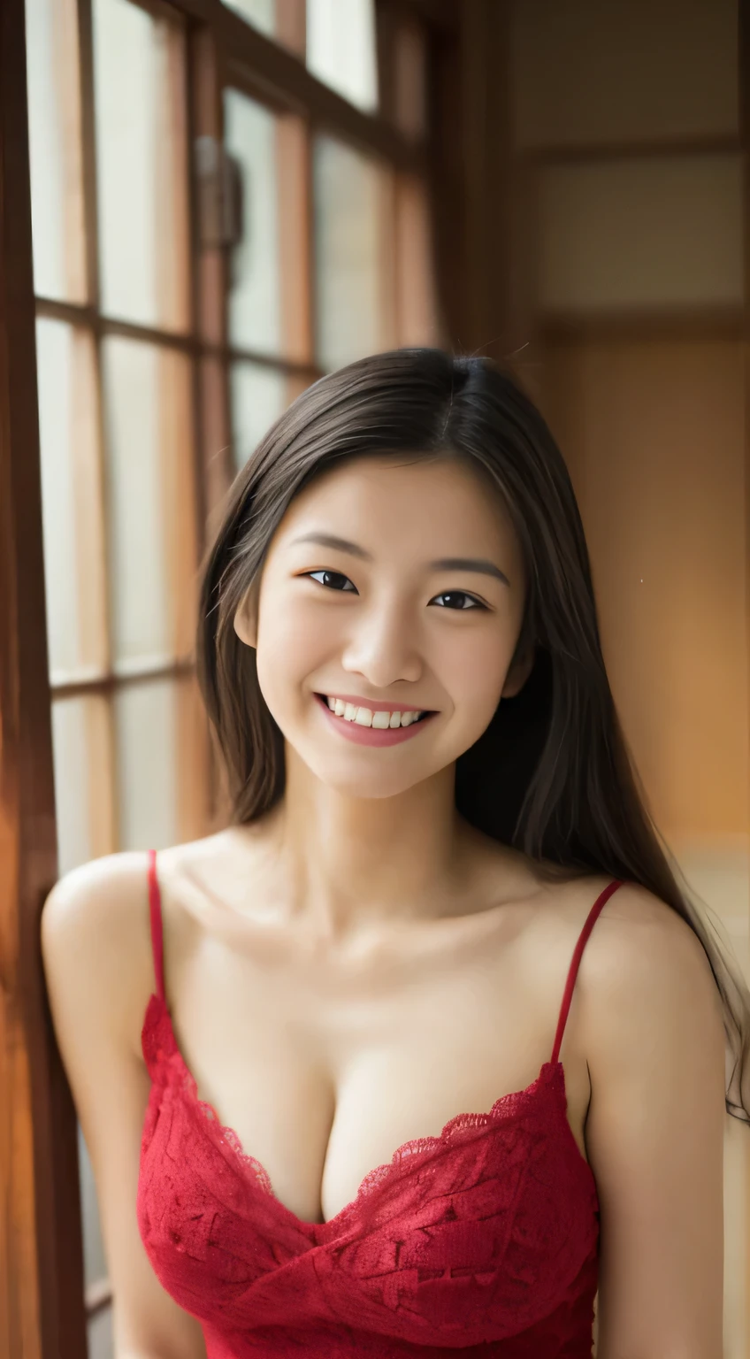 masterpiece,best quality,(Japanese ),((Beautiful girl)),cleavage,indoor,(perfect body beauty:1.2),(shy smile),beautiful teeth,