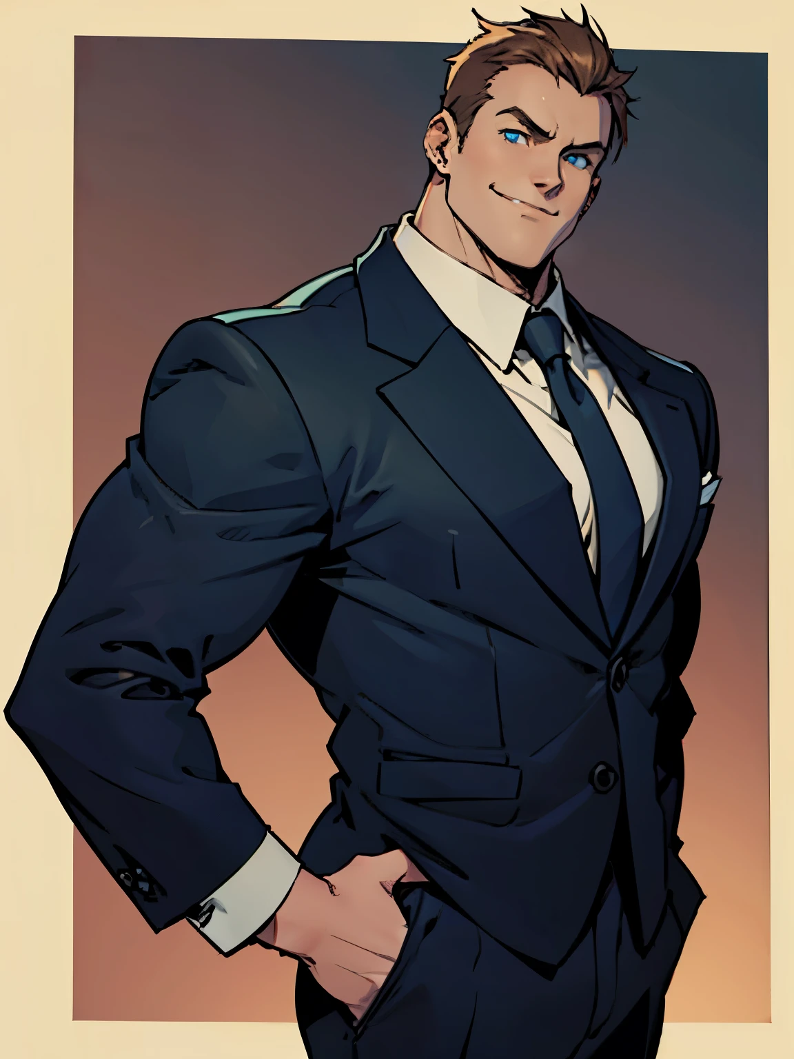 best quality,ultra-detailed ,one youth male,faded color,muscular body,brown haircolor, grinning,piercing blue eyes,athletic build,confident expression,black business suit,standing tall, flat anime-style shading, vector-shaded anime, natural anime face, subtle anime style,scientific research institute background.