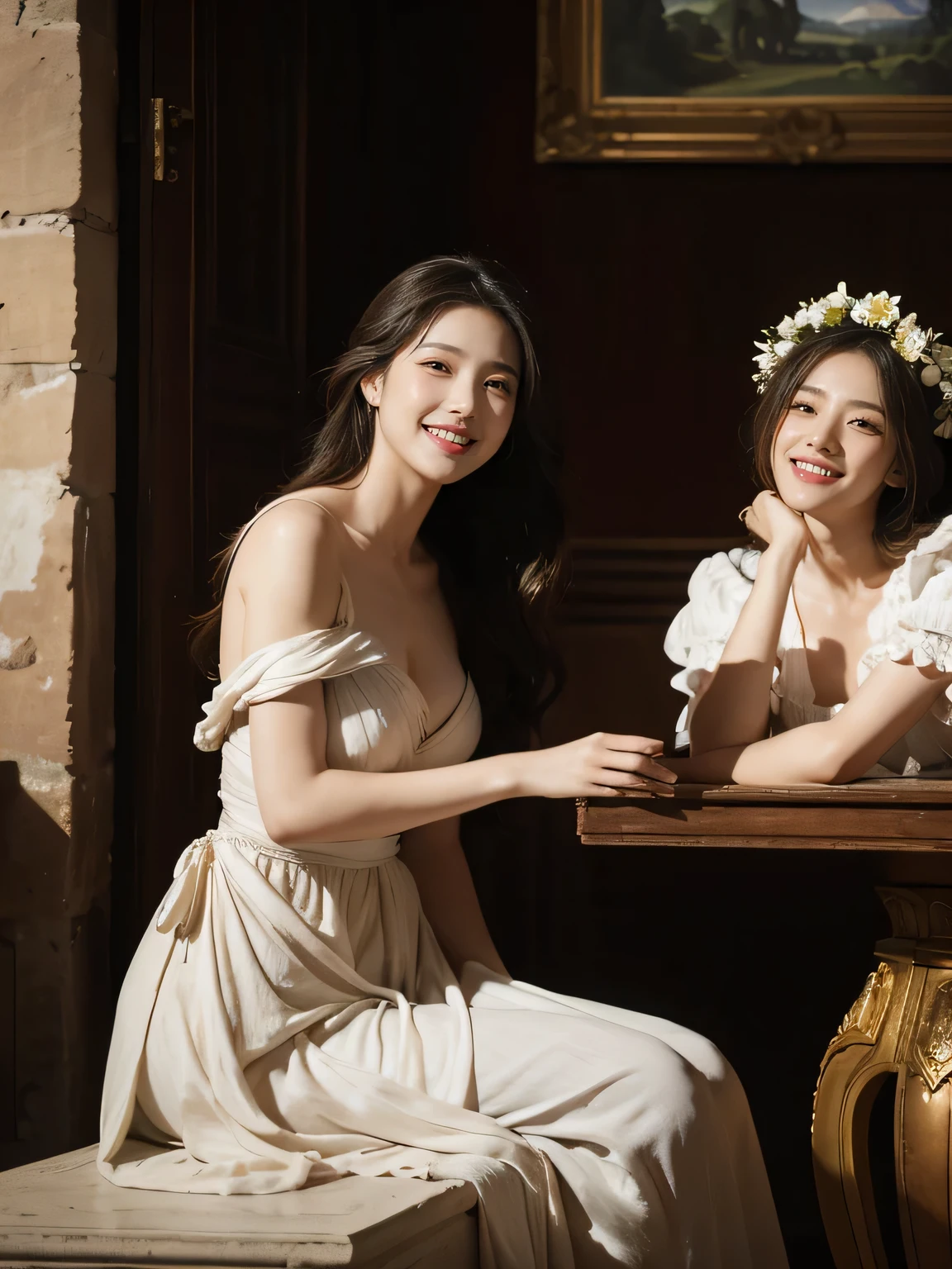 Poussin-style landscape,A smile,,Sweet and seductive appearance.、Caravaggio's paintings、Chiaroscuro of Caravaggio、Hair disheveled in the wind,Two women frolicking,Cute smile, Expression of ecstasy,A sexy,erotic,Raffaello Santi painting style,Arguments of two female 、roses in vase、fruits、Cute trinkets、smile、ancient greek costume、Woman standing on ancient Roman ruins ,A big smileare skin,