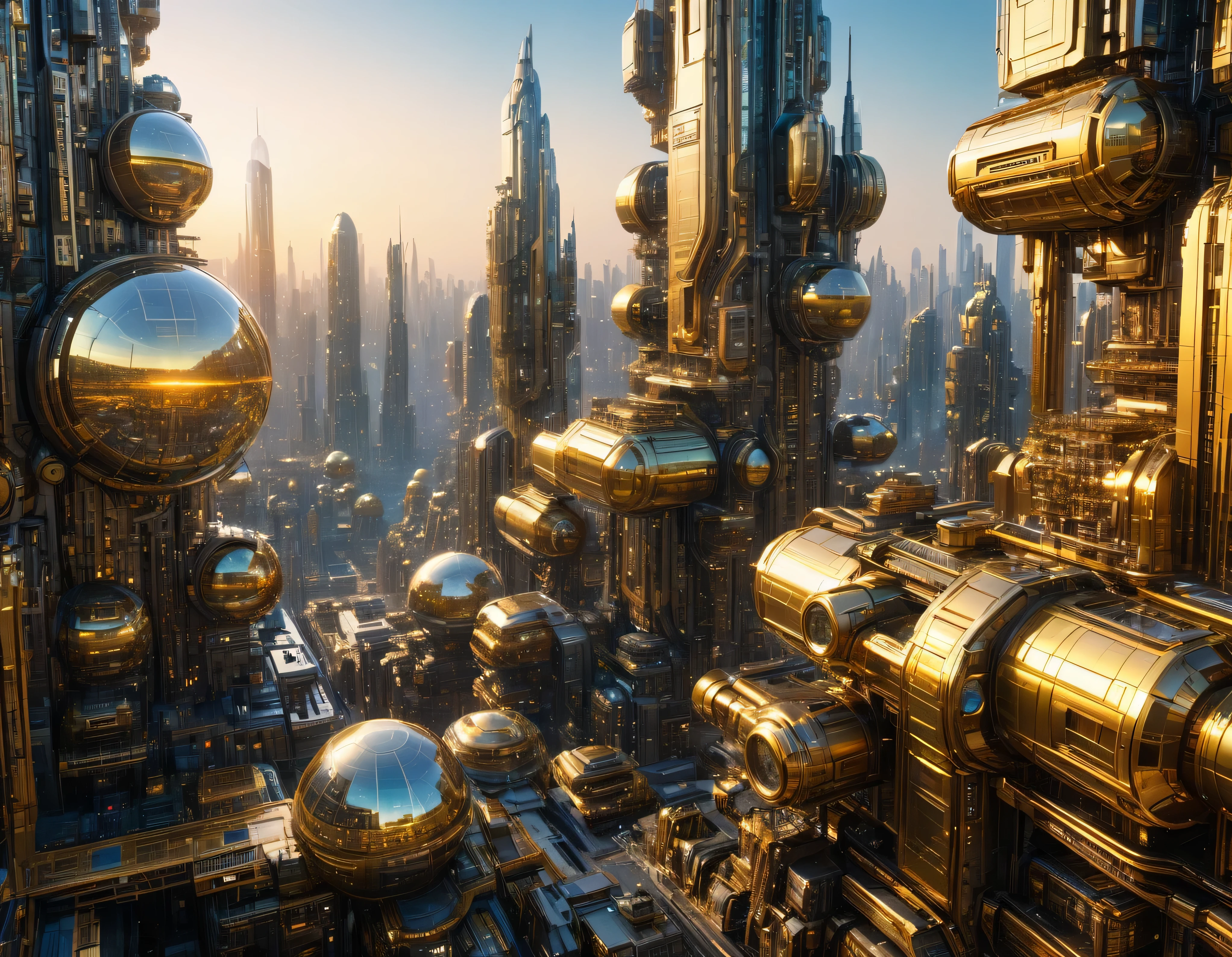 (golden hour lighting), megacity, megalopolis of an imaginary world of science fiction and maximum fantasy, con inmensos edificios ovalados , rascacielos y dodecaedricos agrupados de metal y cristal donde predomina el oro. imagen bien definida 8k, (intrincados detalles de la maquina), con muchos edificios juntos.(obra maestra de superior calidad).(imagen fotorrealista), nitidez absoluta hasta el fondo.