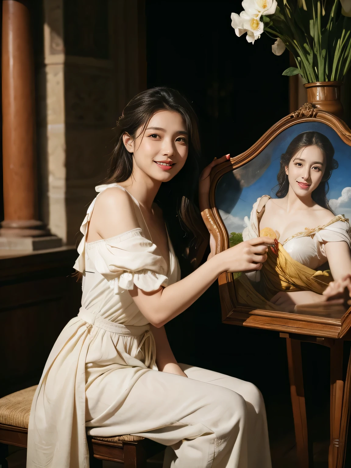 Poussin-style landscape,A smile,,Sweet and seductive appearance.、Caravaggio's paintings、Chiaroscuro of Caravaggio、Hair disheveled in the wind,Two women frolicking,Cute smile, Expression of ecstasy,A sexy,erotic,Raffaello Santi painting style,Arguments of two female 、roses in vase、fruits、Cute trinkets、smile、ancient greek costume、Woman standing on ancient Roman ruins ,A big smileare skin,