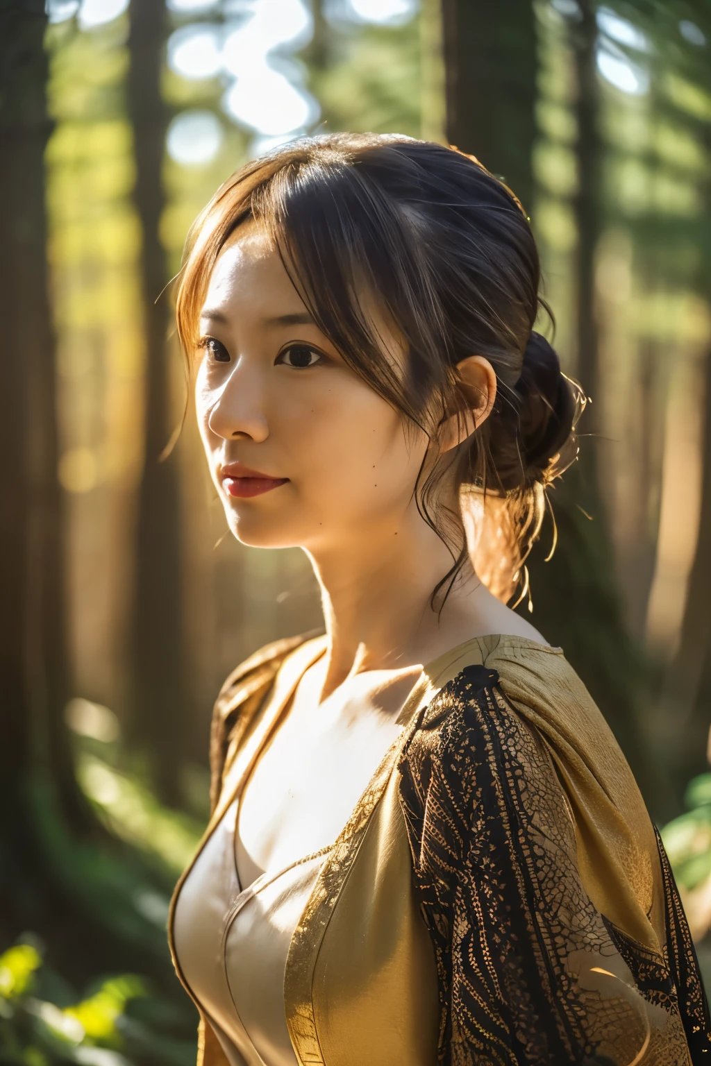 (dense woods: 1), the golden hour, Light brown eyes, 1 woman, black clothing, (Photorealistic), (Complex Detail: 1.2), (masutepiece, :1.3), (of the highest quality: 1.4), (Ultra High Resolution: 1.2), (eye detailed ), (detailed facial features), Strong sunlight, 8K (Lens Flare: 0.7), (Lens Flare: 0.7), turned around,Feminine pose, Upper body, Tight waistline