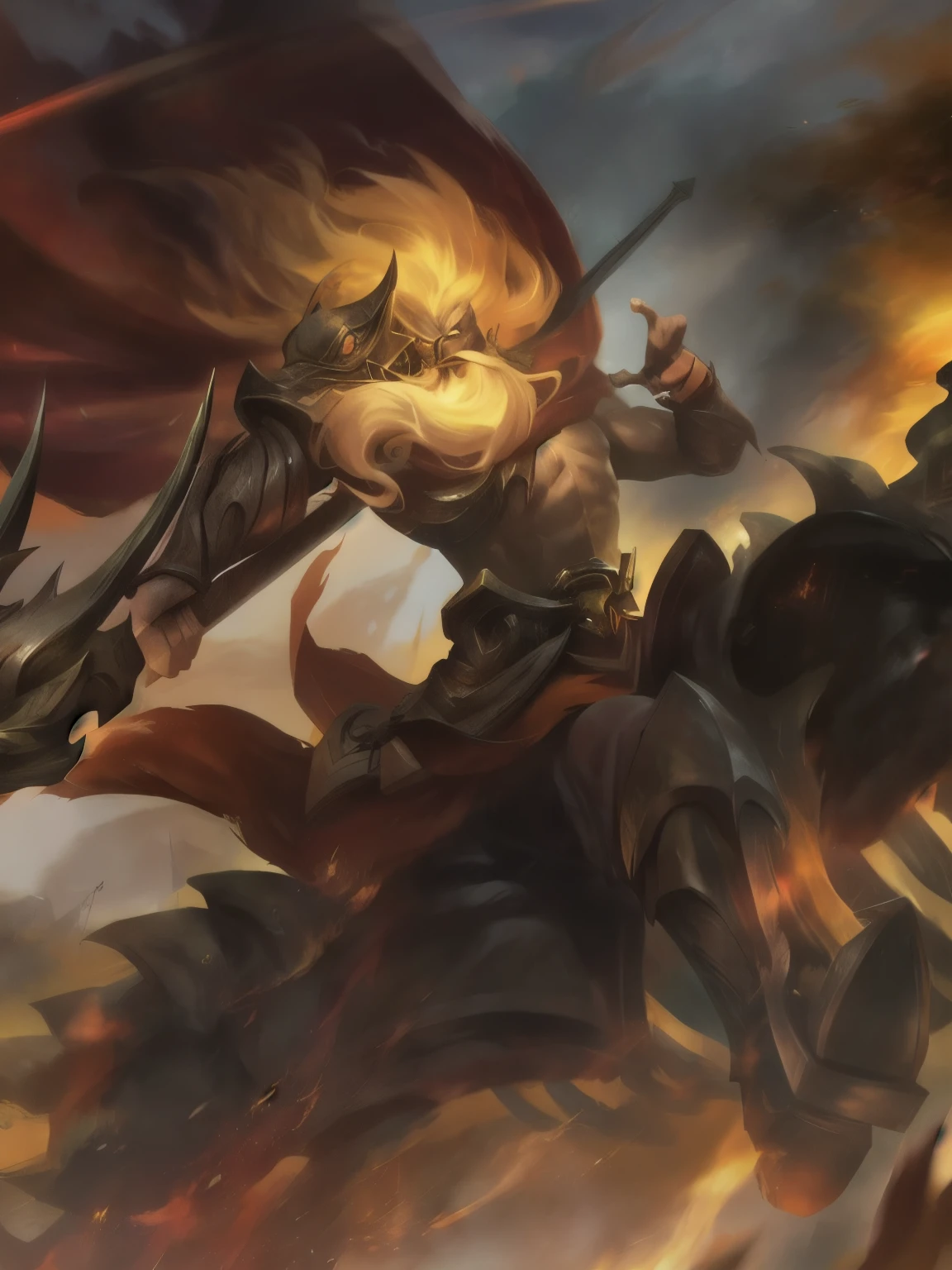 Close-up of a man riding a horse and holding a sword, Riot Games Concept Art, League of Legends Concept Art, author:Yang Jie, league of legends splash art, League of Legends Character Art, League of Legends Art, splash art, League of Legends style art, Epic Fantasy Card Game Art, Portrait of Mordekaiser, League of Legends poster