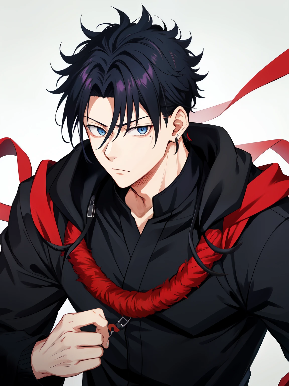 1boy, solo, upper_body, front_view, look_at_viewer, masterpiece, best quality, bangs, black_hair, brown_hair, gradient_hair, collared_shirt, eyebrows_visible_through_hair, formal, hair_between_eyes, jacket, long_sleeves, male_focus, multicolored_hair, spiky hair, single_earring, blue_eyes, megumi_fushiguro_\(jujutsu_kaisen\), adult_man, man_in_mid_twenties, athletic_build, handsome_man, Megumi Fushiguro from Jujutsu Kaisen if he was 26 years old, male, dark hair, Jujutsu Kaisen, adult man, Megumi Fushiguro, ikemen, Gege Akutami art style, adult Megumi Fushiguro