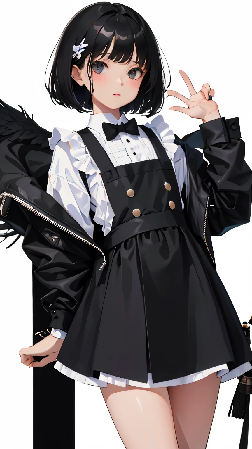 (short cute girl, young studeg delicate girl),(masterpiece,Top quality),black gingham check pinafore,black medium bob,sleepy,white background