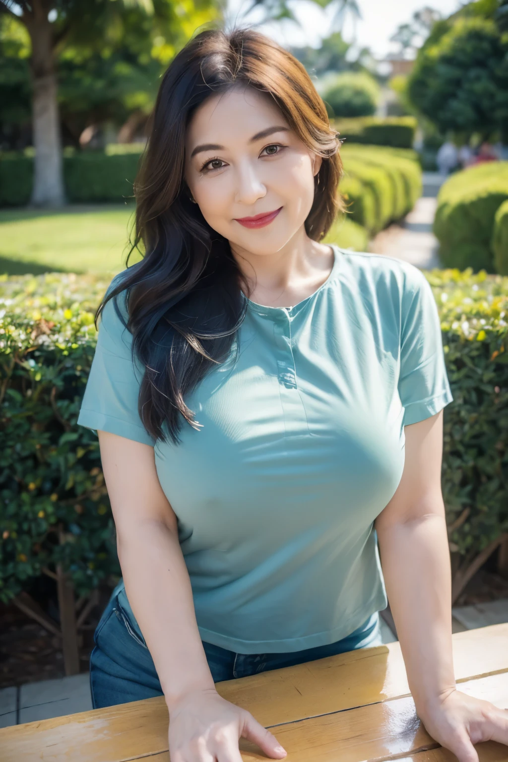 ((top quality、8k、masterpiece:1.3))、sharp focus, High level of image quality, high resolution,,blue shirt,short sleeve,green jeans,37-year-old woman with long wavy hair,Mature,charming smile,Draw lips correctly, red lipstick,stand,Slightly fat,Big breasts,garden background,full-body shot