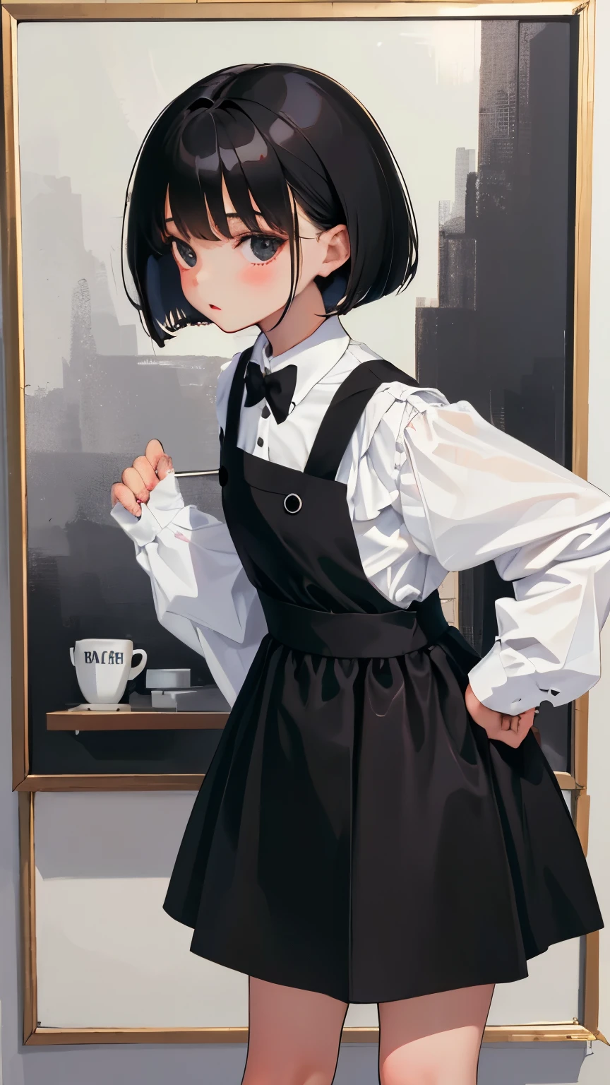 (short cute girl,small young student,young delicate girl),(masterpiece,Top quality),black gingham check pinafore,black medium bob,sleepy,white background