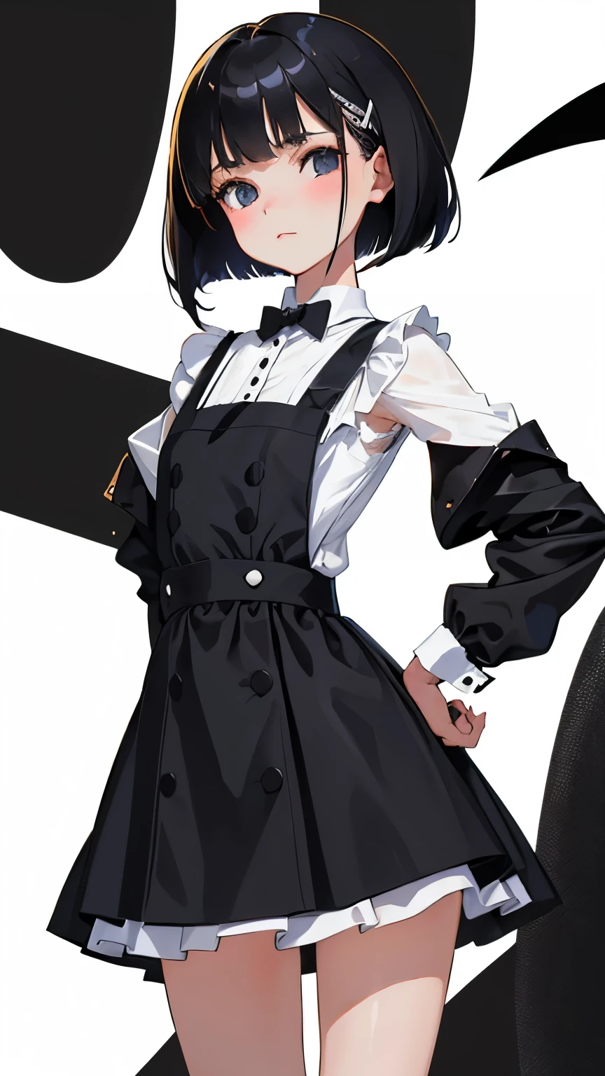 (short cute girl，small young student，young delicate girl）,（masterpiece，Top quality)，black gingham check pinafore，black medium bob，sleepy，white background