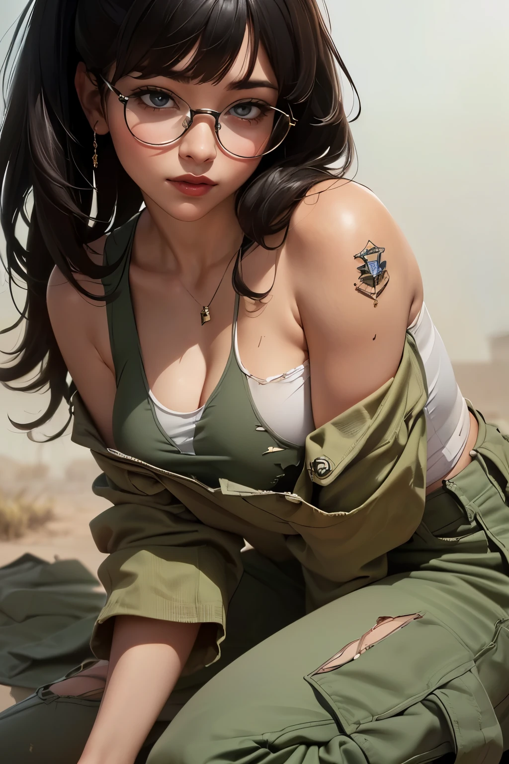 ((wide angle image)), beautiful female veteran, black hair in a ponytail, bangs, wearing large glasses, smirk,  (((wearing a white military tank top, layered with ww2 Oversized military uniform, Wearing ww2 military pants. Oversized, Off shoulders, Distressed, worn-out))), on the ww2 battlefield