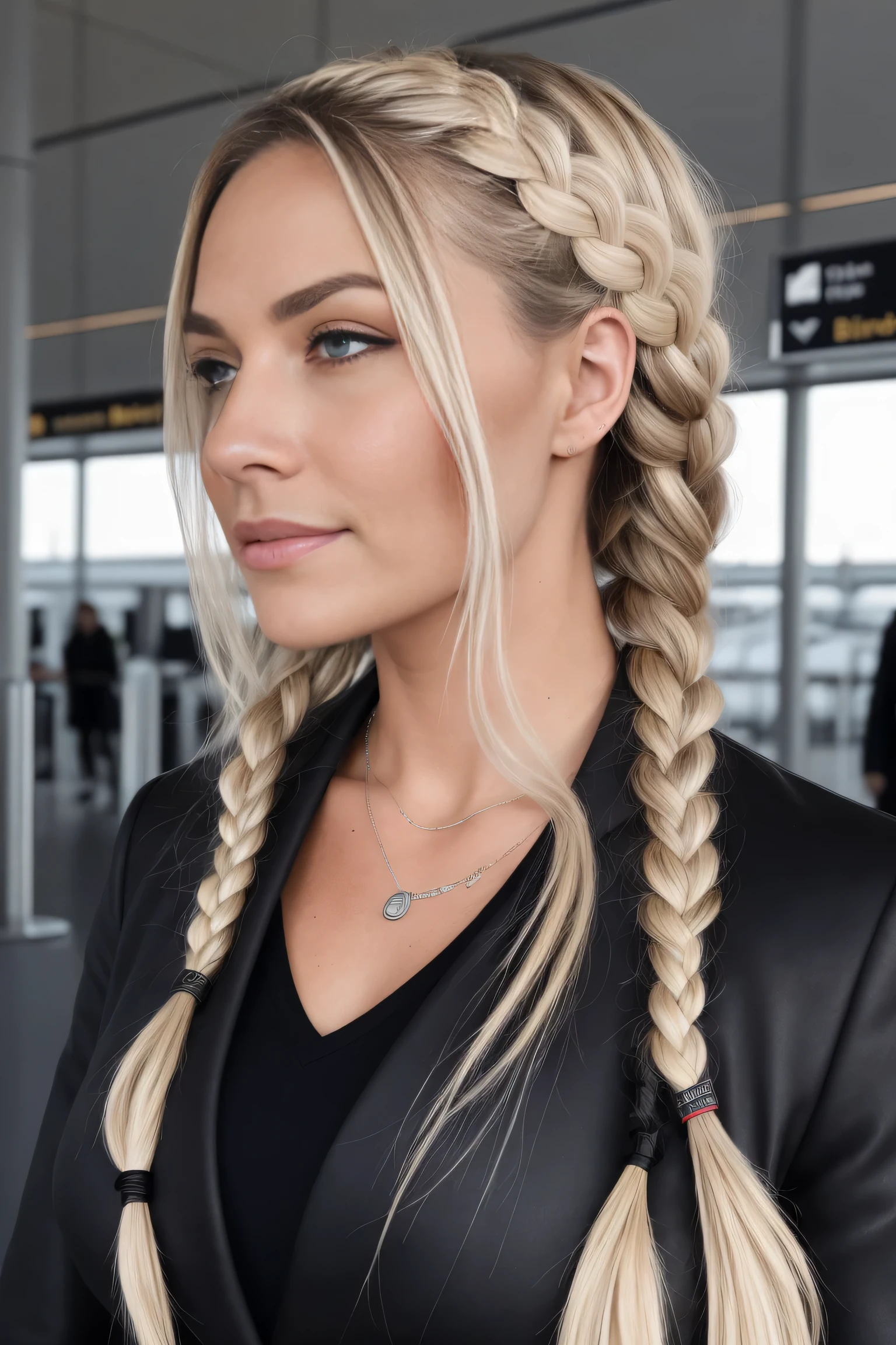 Flugzeug, Business Anzug, stechenden Augen, Flughafen, very happy, blondes Haar, Quad braids, Koffer, Check-In Flughafen, Menschen im Hintergrun