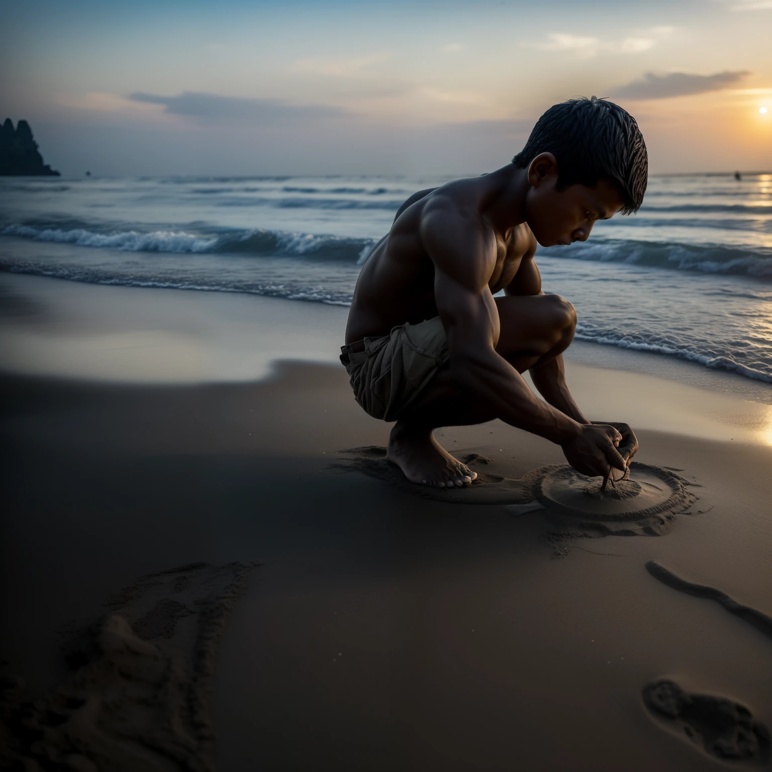 A poor Asian boy, with determination in his eyes, diligently works on creating intricate statues of Jesus at the black sand beach, reminiscent of Angkor Wat in Cambodia. The gritty texture of the sand emphasizes his dedication and the rawness of the scene.
(RAW style, masterpiece, best quality, ultra-detailed)
A young Asian boy, poverty-stricken but not broken, is found at the deserted black sand beach of Angkor Wat in Cambodia. With the reverence of a devout follower, he meticulously sculpts sandy masterpieces of Jesus, the savior, under the cinematic light and