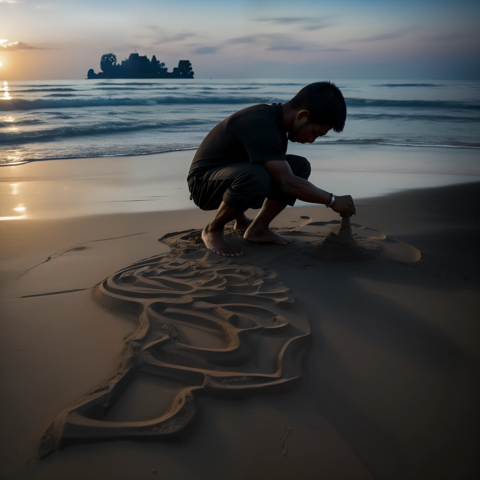 A poor Asian boy, with determination in his eyes, diligently works on creating intricate statues of Jesus at the black sand beach, reminiscent of Angkor Wat in Cambodia. The gritty texture of the sand emphasizes his dedication and the rawness of the scene.
(RAW style, masterpiece, best quality, ultra-detailed)
A young Asian boy, poverty-stricken but not broken, is found at the deserted black sand beach of Angkor Wat in Cambodia. With the reverence of a devout follower, he meticulously sculpts sandy masterpieces of Jesus, the savior, under the cinematic light and