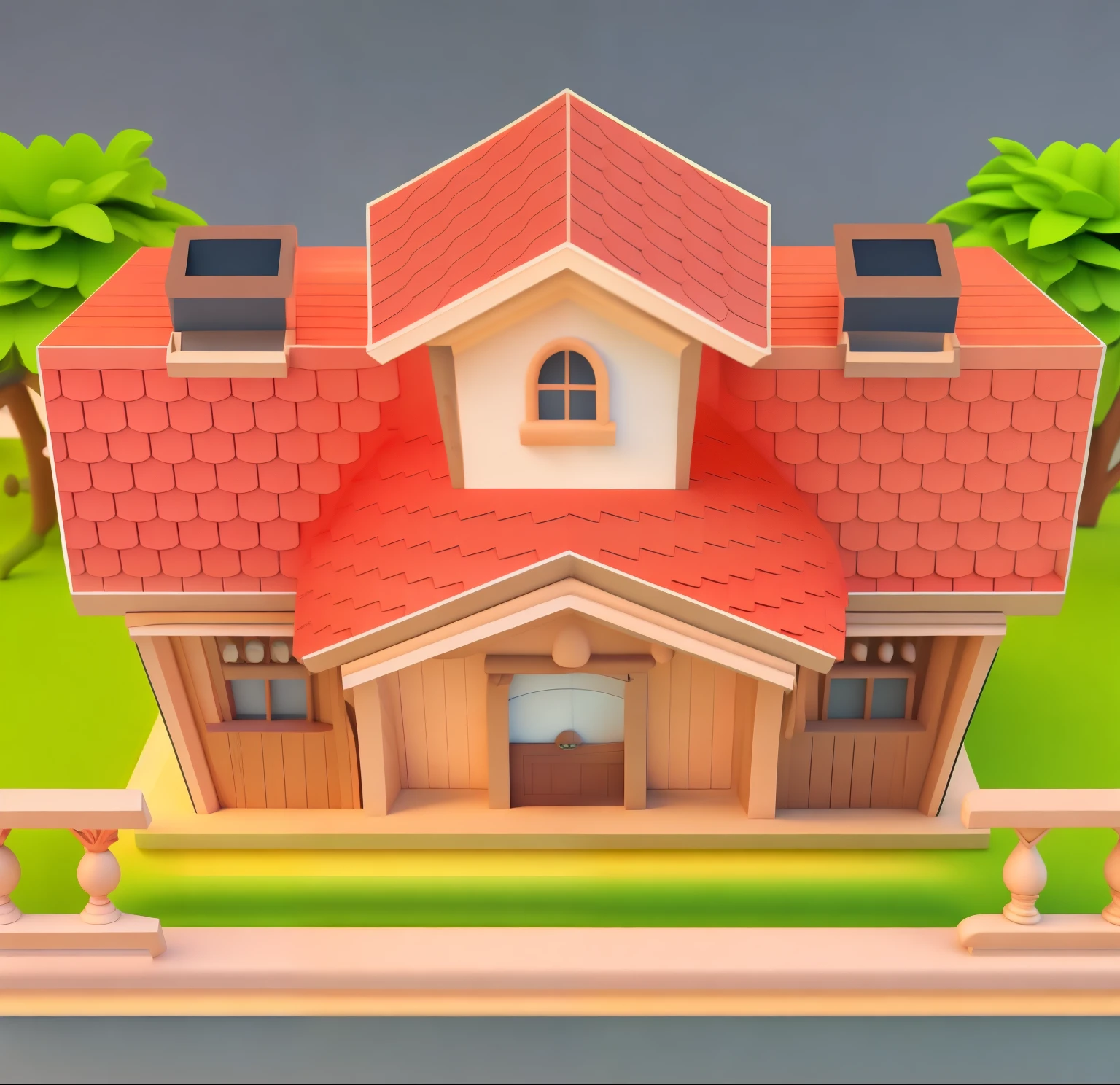 There is a small house,There is a fence,There is a tree next to it, Stylized 3D 渲染, 3D rendering stylization, Stylized for 3D rendering, Realistic 3D style, Stylized 3D, 3D stylized scene, Detailed 2D illustration, Stylized 3D graphics, stylized game art, 3d illustration, 3d illustration