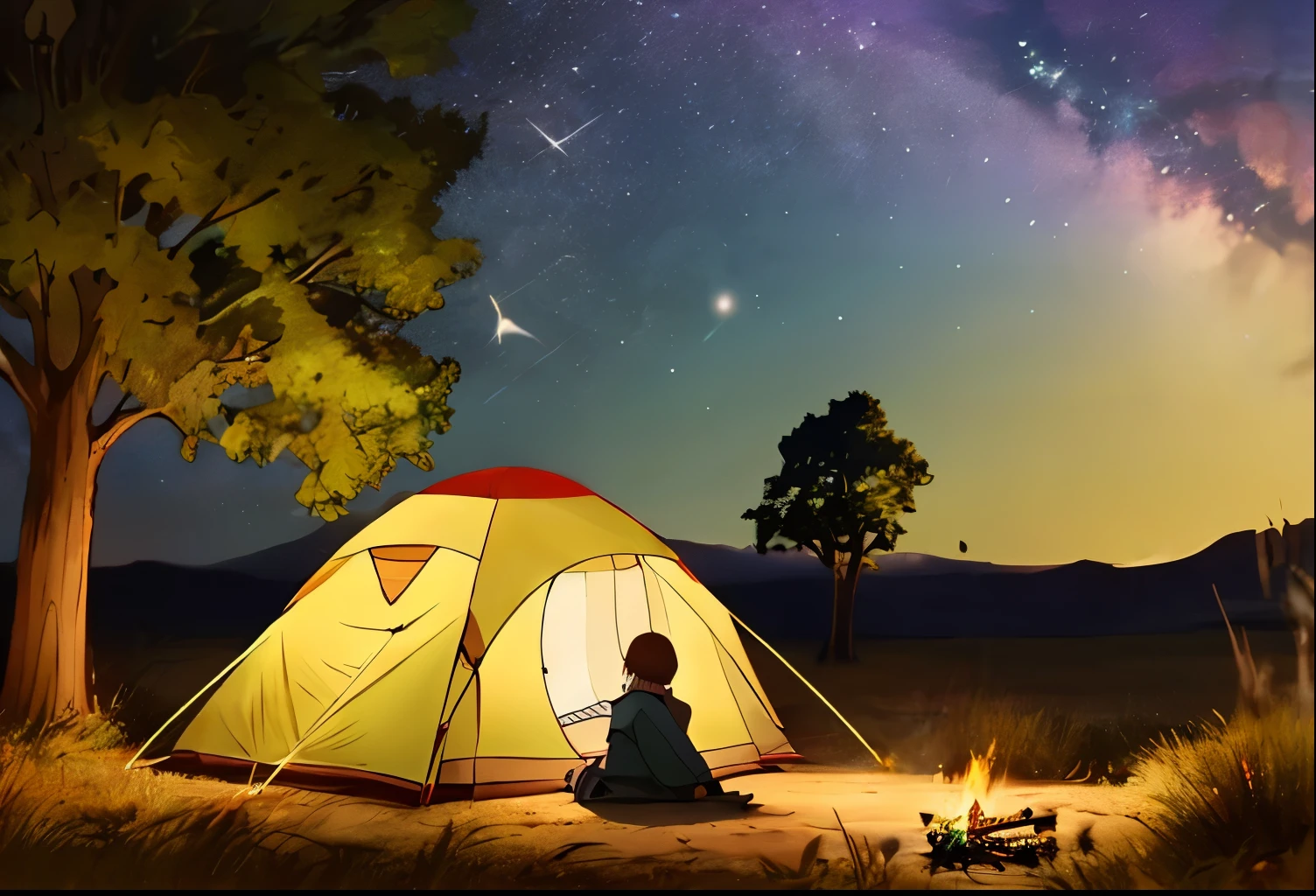 girl camping、sitting facing the bonfire、starry sky、Yuru Camp、animation、Ghibli style