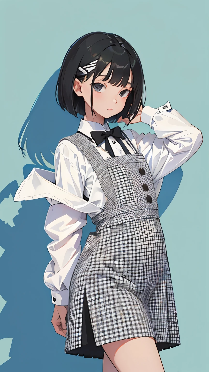 (short cute girl,small young student,young delicate girl),(masterpiece,Top quality),black gingham check pinafore,black medium bob,sleepy,white background
