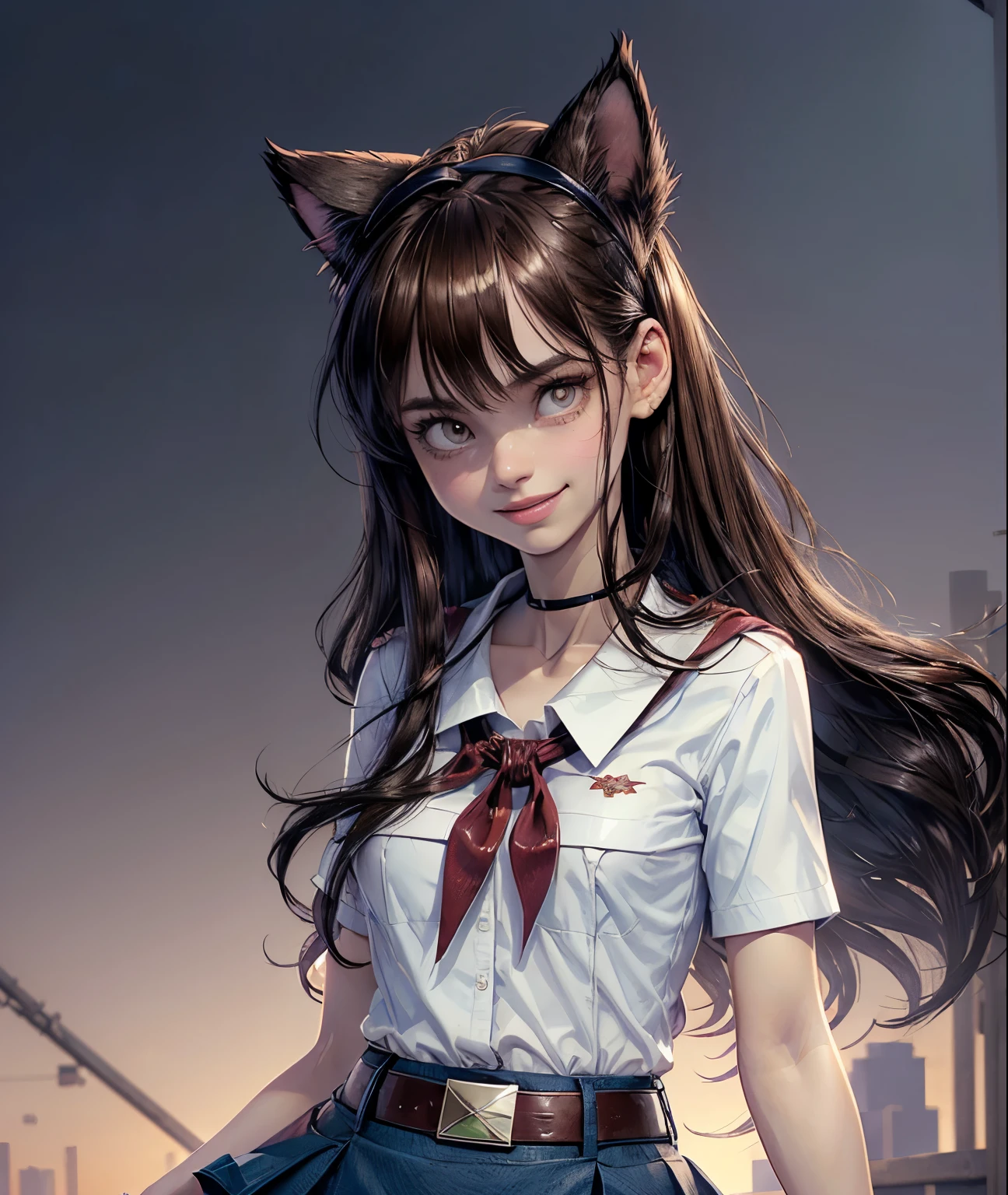 detailed eyes, full height, masterpiece, (((skinny body))), (looking at viewer, 8k vector photography, very young girl, beautiful brown eyes, realistic lighting, detailed outfit, realistic facial features, hyper detail, ((perfect angle, perfect pose)), ((very long brown disheveled hair)), a strand between eyes, flat chest, pioneer neckerchief, pioneer movement soviet pioneer, micro blue skirt, bangs, shirt, school uniform, collarbone, very toght white shirt, short sleeves, collared shirt, belt, neckerchief, eyelashes, red neckerchief, pocket, breast pocket, parororo, smiling, band on head with fake cat ears 