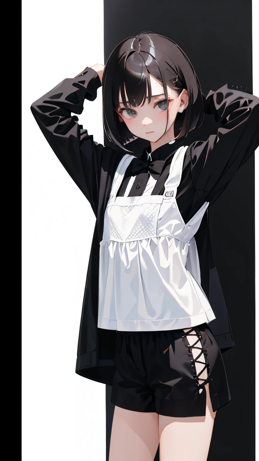 (full body) (same character front, back, side view) (model sheet) (multiple views of the same character), beautiful red eyes, anime woman, perfect anatomy, delicate face, short black hair, skin very white, black nails, black lips, wearing black leggins, small black t-shirt, black choker with spikes, black bracelets