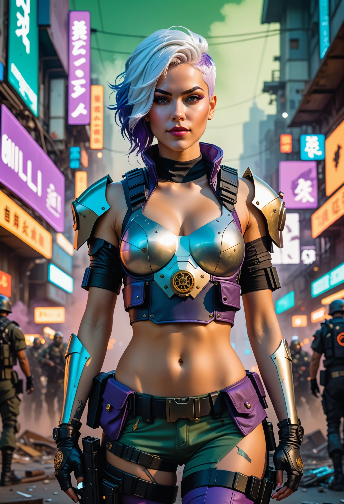 torso shot, facing front, best quality, masterpiece, cyberpunk female maduritas as 1girl, (solo:1.3), ultra detailed,detailed face, 8k wallpaper, platinum white hair in side cut fashion, wide hips, smile, military female soldier with gear of war, city background, smoke and rubbles, by gustav klimt , atey ghailan, by greg rutkowski, by greg tocchini, by james gilleard, by joe fenton, by kaethe butcher, gradient blue, green and purple color scheme