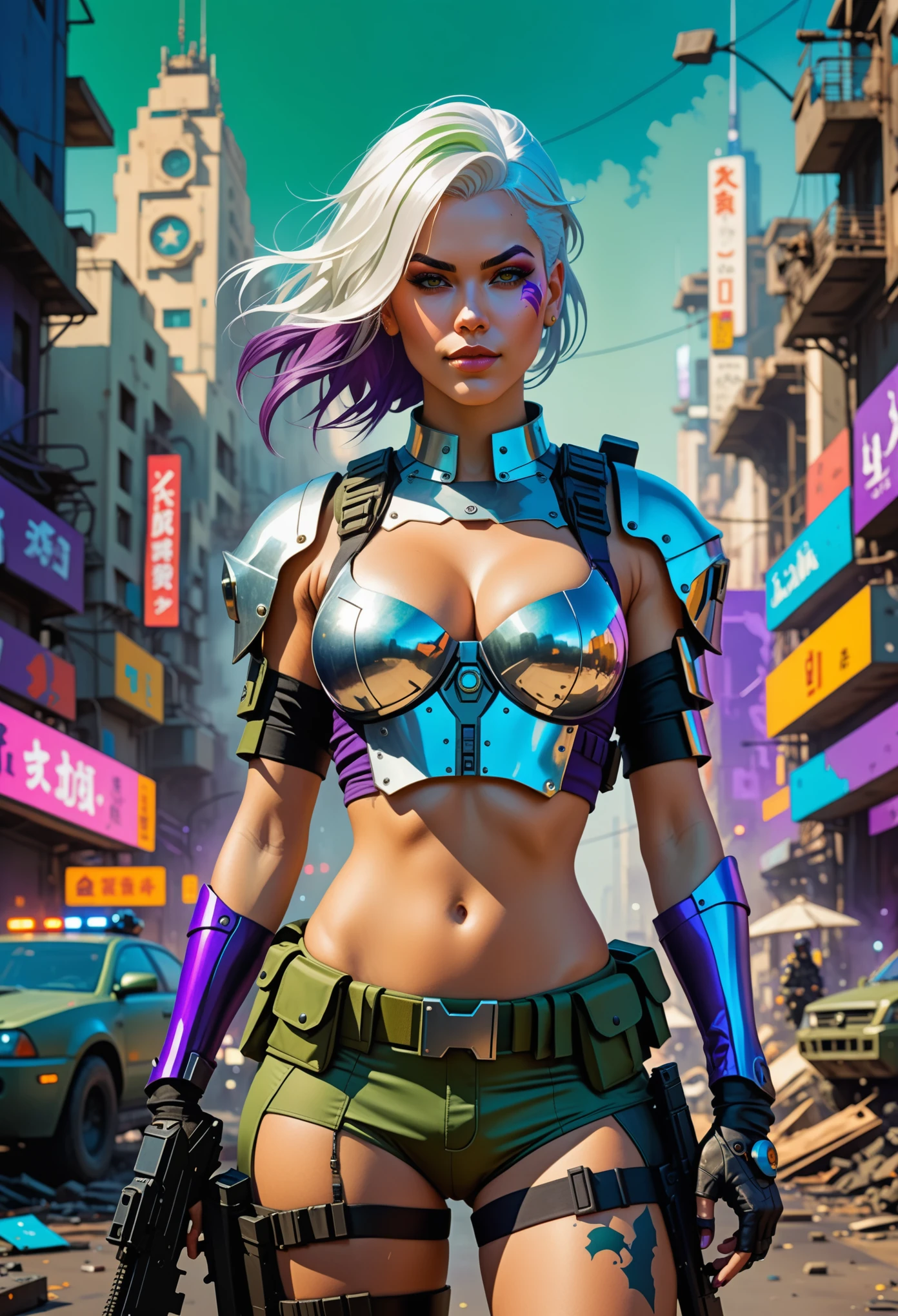 torso shot, facing front, best quality, masterpiece, cyberpunk female maduritas as 1girl, (solo:1.3), ultra detailed,detailed face, 8k wallpaper, platinum white hair in side cut fashion, wide hips, smile, military female soldier with gear of war, city background, smoke and rubbles, by gustav klimt , atey ghailan, by greg rutkowski, by greg tocchini, by james gilleard, by joe fenton, by kaethe butcher, gradient blue, green and purple color scheme