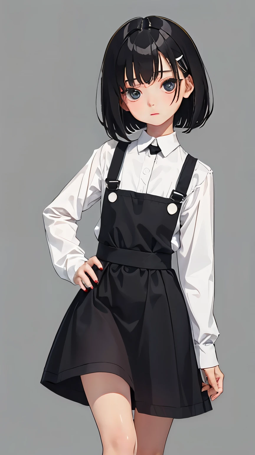 (short cute girl,small young student,young delicate girl),(masterpiece,Top quality),black gingham check pinafore,black medium bob,sleepy,white background