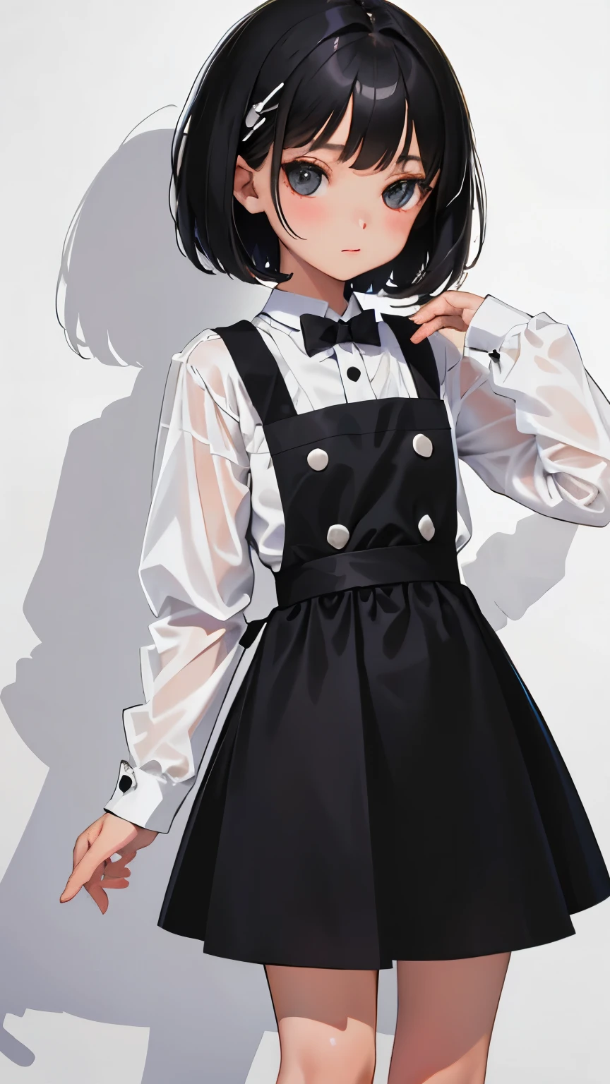 (short cute girl, young studeg delicate girl),(masterpiece,Top quality),black gingham check pinafore,black medium bob,sleepy,white background