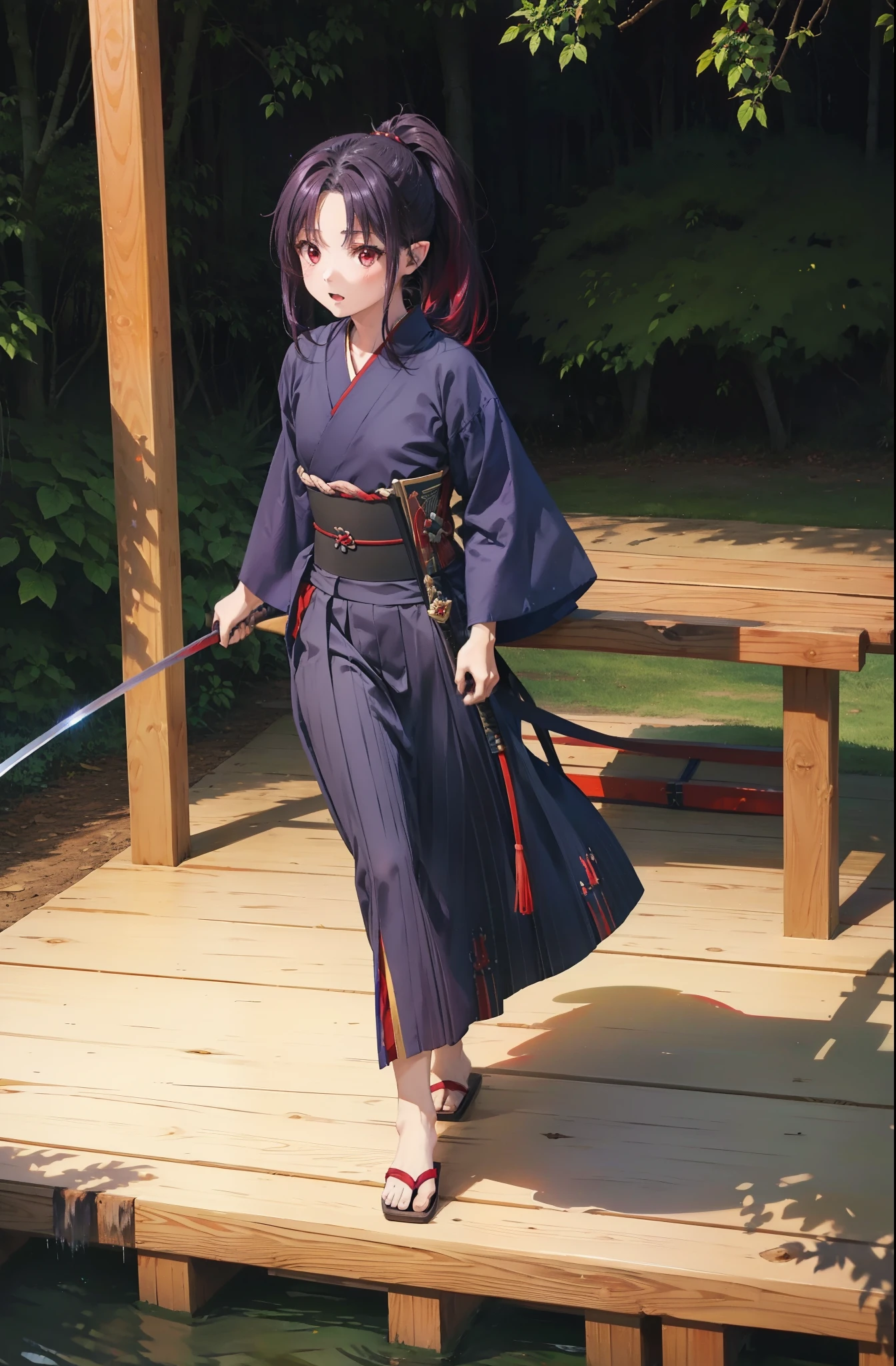 yuukikonno, Yuki Konno, hair band, long hair, pointy ears,ponytail, purple hair, (red eyes:1.5), (small breasts:1.2), open your mouth,red kimono,Purple too,white foot bag,grass sandals,(japanese sword:1),(holding_japanese sword:1)
break looking at viewer, Upper body, whole body,
break outdoors, medieval europe cityscape,
break (masterpiece:1.2), highest quality, High resolution, unity 8k wallpaper, (shape:0.8), (thin and beautiful eyes:1.6), highly detailed face, perfect lighting, Very detailed CG, (perfect hands, perfect anatomy),