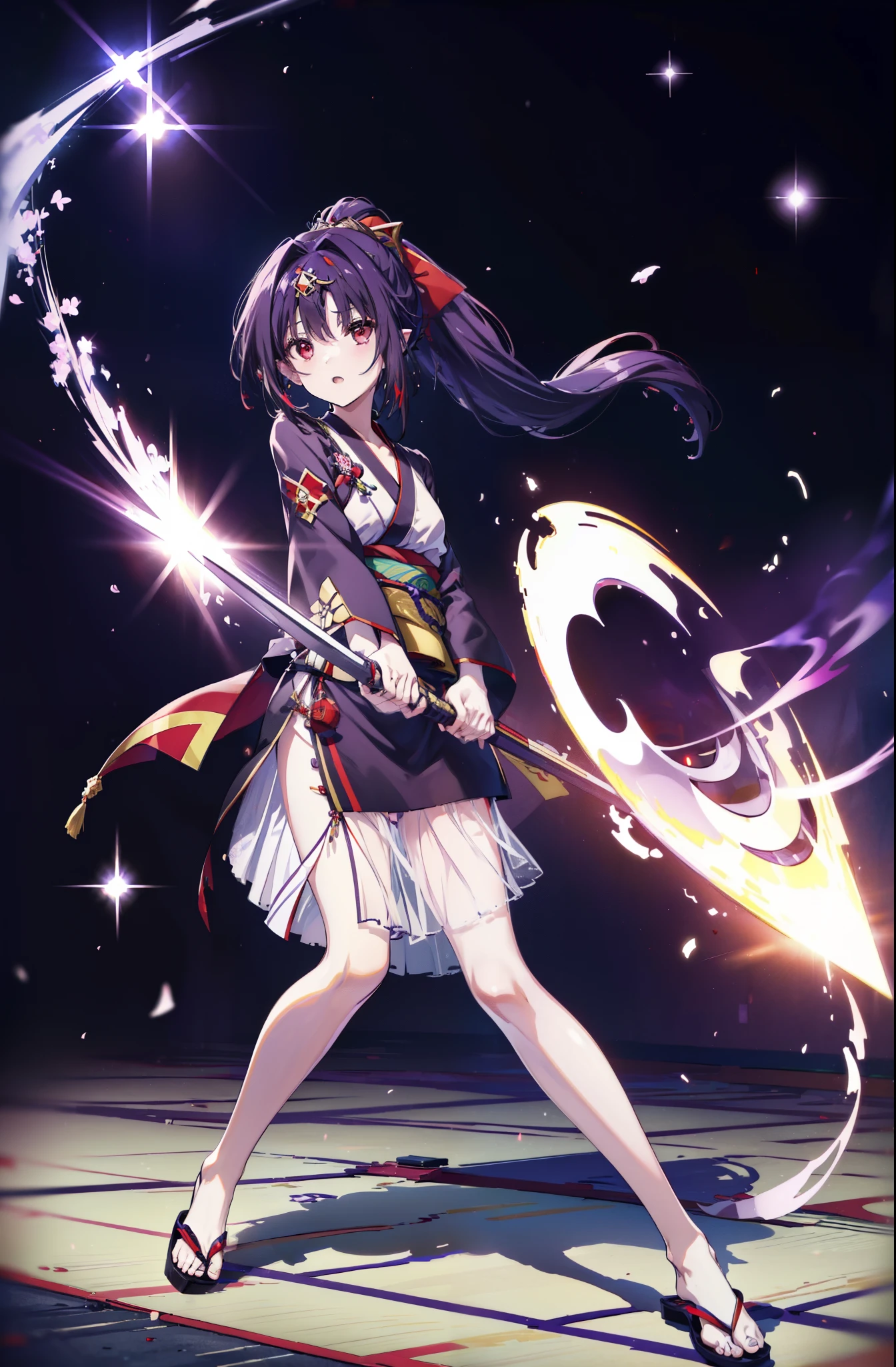 yuukikonno, Yuki Konno, hair band, long hair, pointy ears,ponytail, purple hair, (red eyes:1.5), (small breasts:1.2), open your mouth,red kimono,Purple too,white foot bag,grass sandals,(japanese sword:1),(holding_japanese sword:1)
break looking at viewer, Upper body, whole body,
break outdoors, medieval europe cityscape,
break (masterpiece:1.2), highest quality, High resolution, unity 8k wallpaper, (shape:0.8), (thin and beautiful eyes:1.6), highly detailed face, perfect lighting, Very detailed CG, (perfect hands, perfect anatomy),