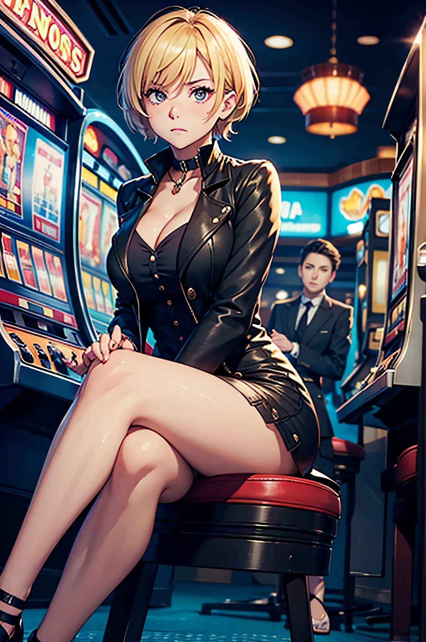 One Woman、Pachinko parlor、Playing slots、Sit on a chair、Place your hand on the slot lever、Play slots、Facing the slots、Hit the lever、Facing the slot machine、Large crowd、beautiful girl, Highest quality,  Black Pantyhose、Short tight skirt、panties under pantyhose、Thick thighs、Big 、Big Ass、Short Hair、Sweaty body、Sweaty crotch、Orgasmic face、Dirty sound effects、Ecstasy in a flashy way、目の前にLarge crowd、A ton of slot machines、Slot King Pulsar、Standing back