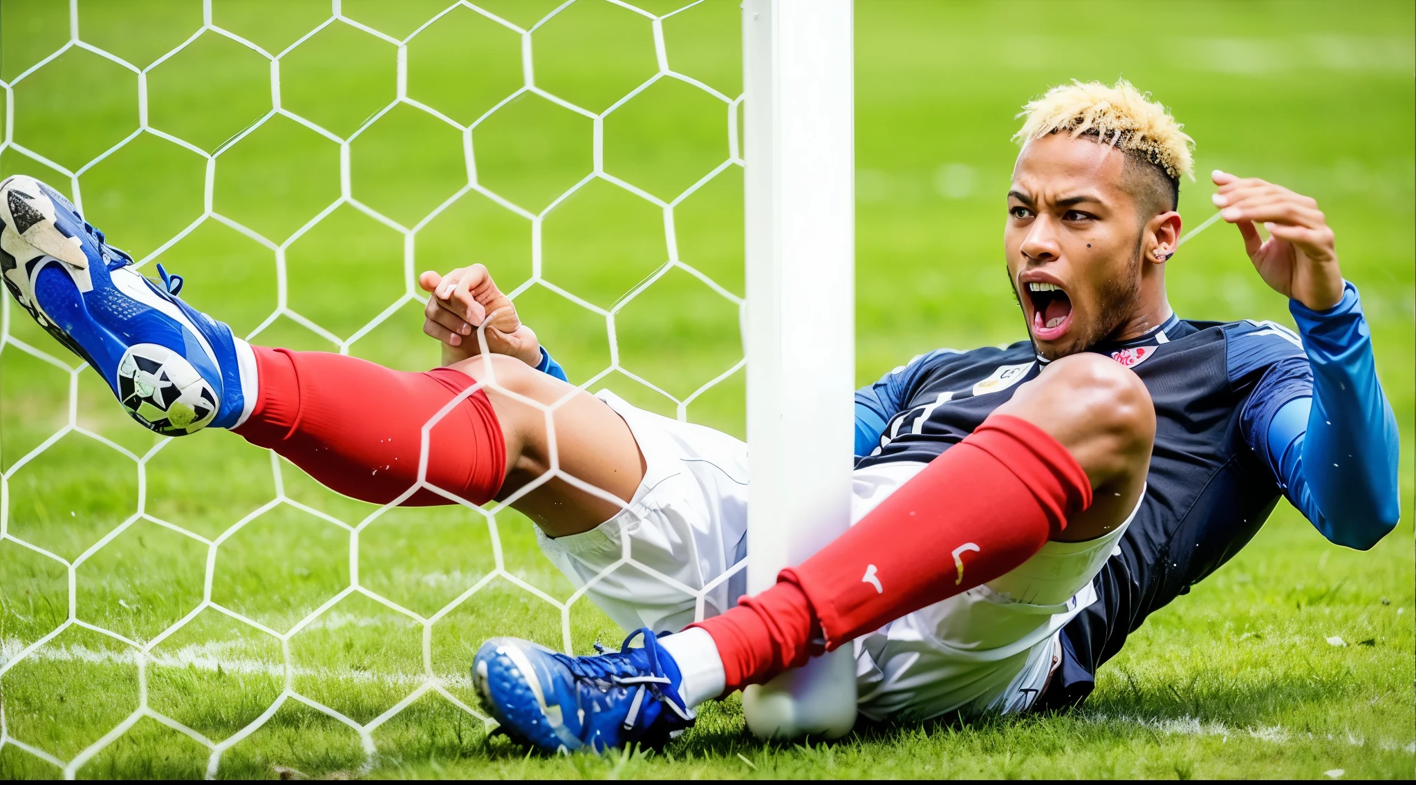 soccer player laying on the ground with his feet in the air, neymar in fortnite, neymar jr, neymar shouting in pain, desperate pose, at the world cup, youtube thumbnail, is this loss?, very sad, ronaldo nazario fenomeno, neymar in gta v, the best ever, inspired by Jules Tavernier, neymar wearing his yellow soccer uniform, same design, 16k resolution, with expression, realistic image, hyper realistic image,