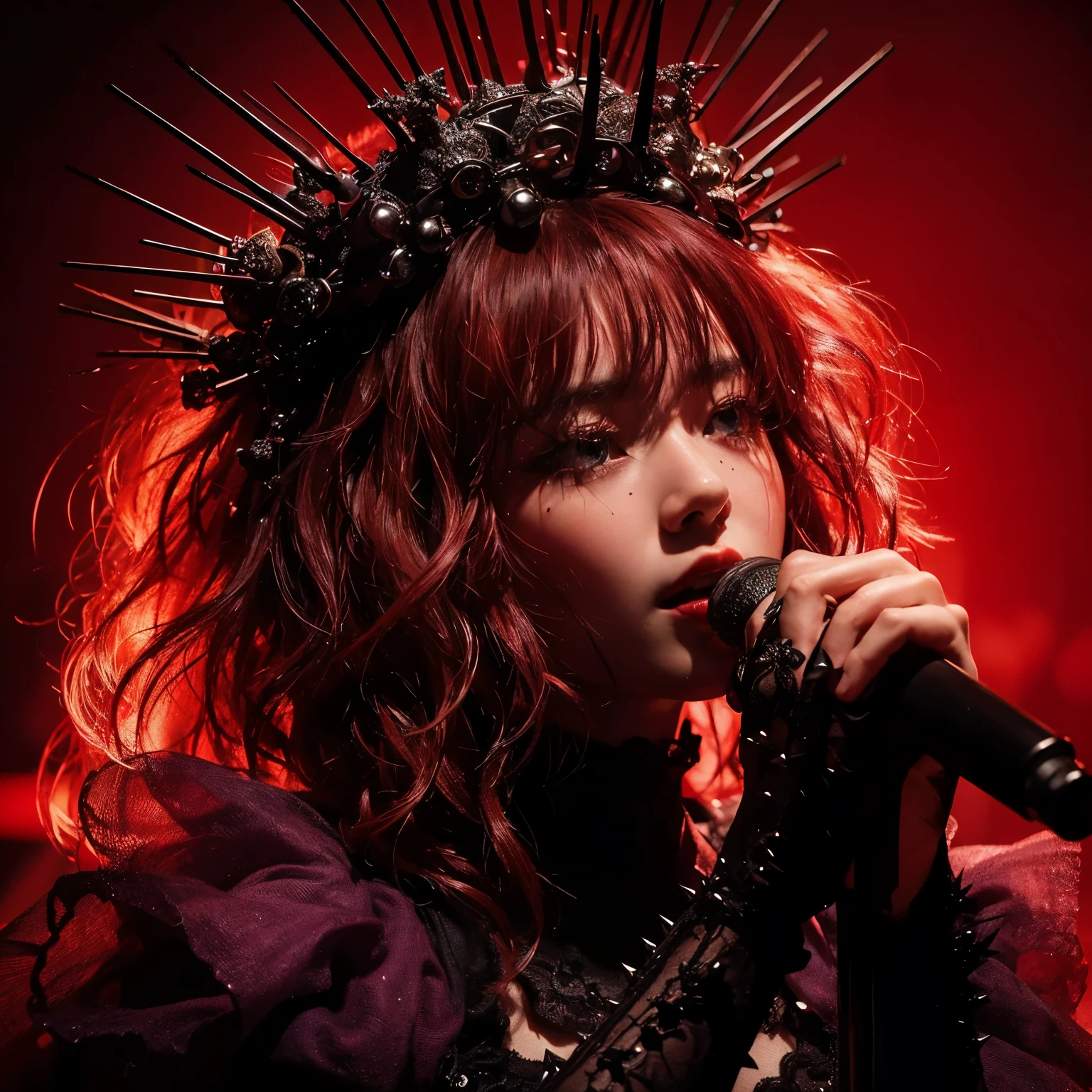 ((very sharp photo result & detailed face)) (((textile shading))), (((Best Quality))), (((masterpiece))) (((hyper realistic photo)) full red light mood, shade backlight keylight shoot, macro shoot tight close up face of a japanese vocalist girl with thorn spike crown, red wavy hair, wear purple gown black lace, detail face facial pore skin, dark stage red smoke on a night concert as background, dark dramatic spotlight lamp on her, taken with hasselblad camera. HDR10 8K