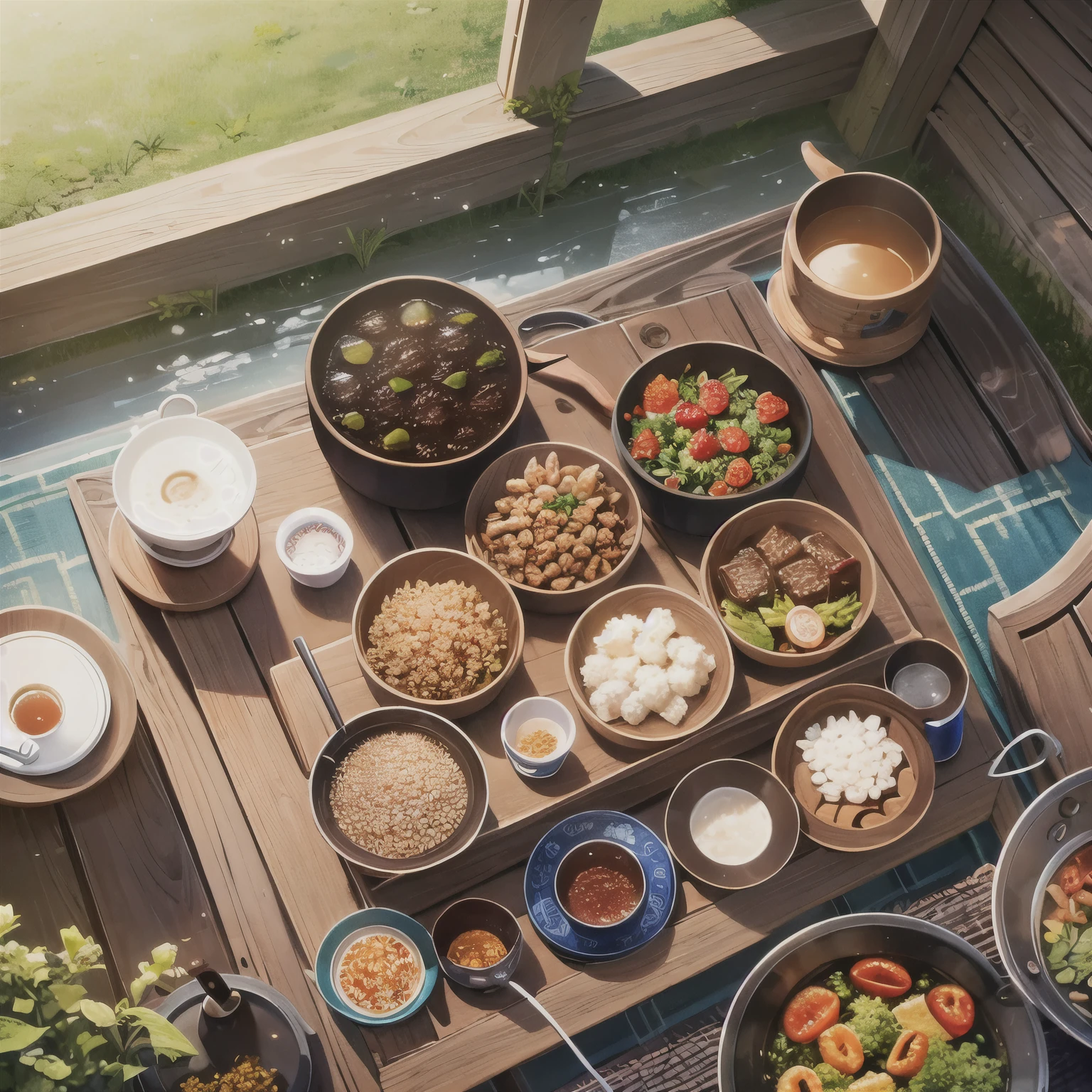 masterpiece, HD, a poster, The topic is, triangle zongzi, zongzi, rice dumpling, Chinese tea set, Wormwood herbs, Dragon, reunion, early summer, water droplets, Sunlight, clear sky, --automatic