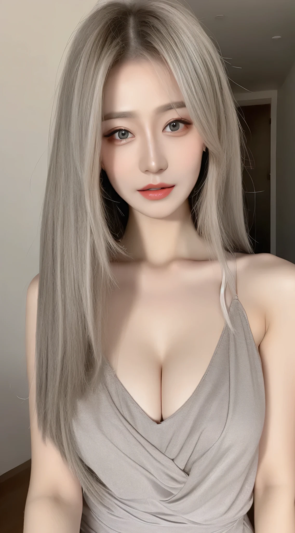 Beautiful woman with perfect body：1.4，layered hairstyle，obvious，Gray 2D costume：1.5，Highly detailed face and skin textures，double eyelids，whiten skin，long white hair