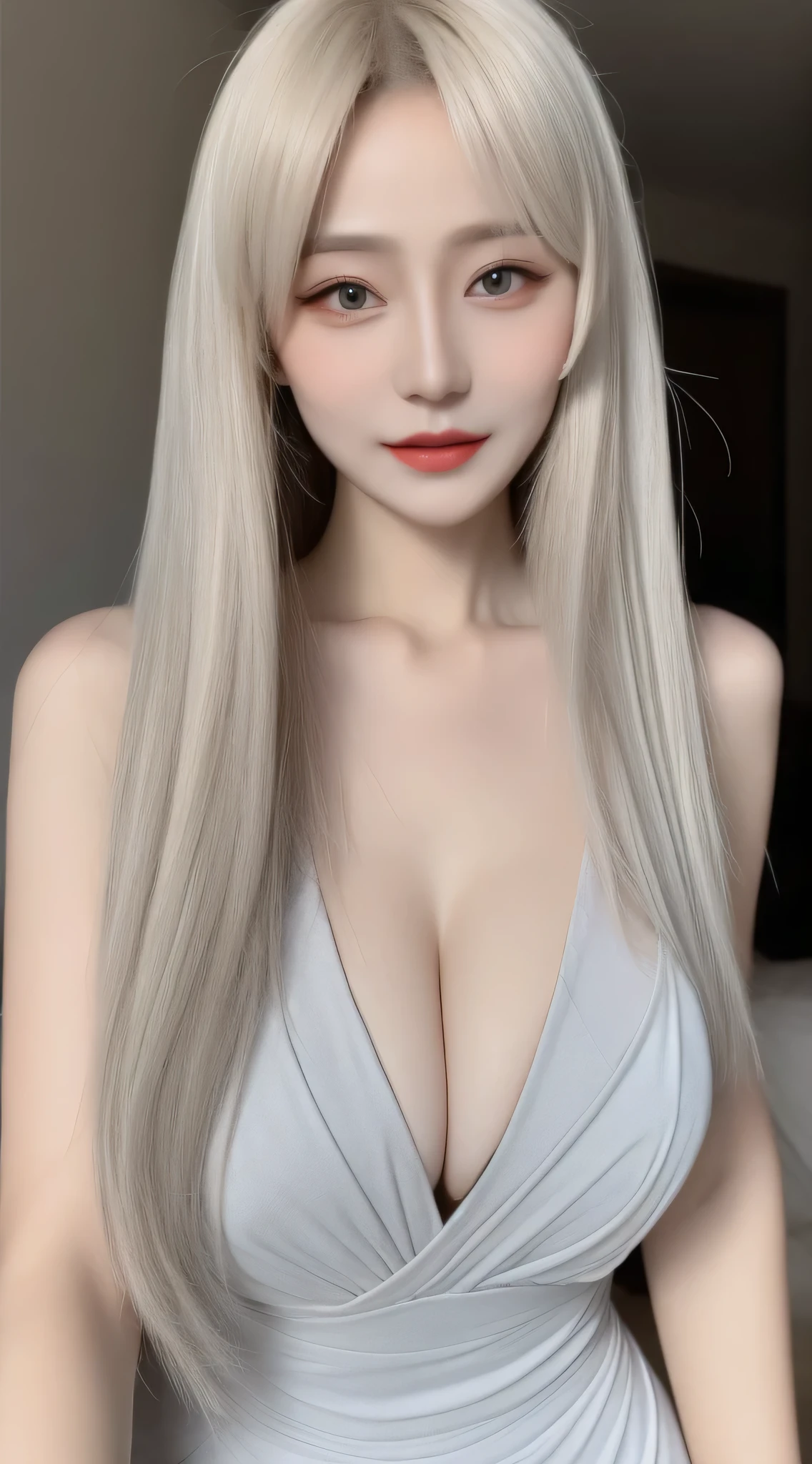 Beautiful woman with perfect body：1.4，layered hairstyle，obvious，Gray 2D costume：1.5，Highly detailed face and skin textures，double eyelids，whiten skin，long white hair