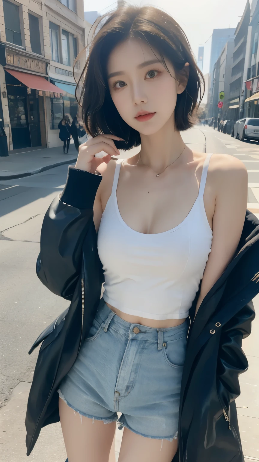 individual,young girl,23 years old, fine hair, Detailed faces, full的身材,Long hair tied up,full, Short hair details,blue winter coat, model,snack, Sexy breasts,snow scene, whole body,long legs,