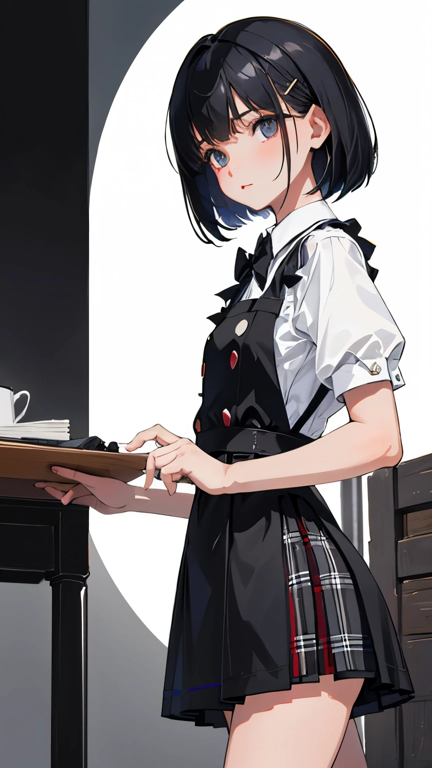 (short cute girl, young studeg delicate girl),(masterpiece,Top quality),black tartan check pinafore,black medium bob,sleepy,white background