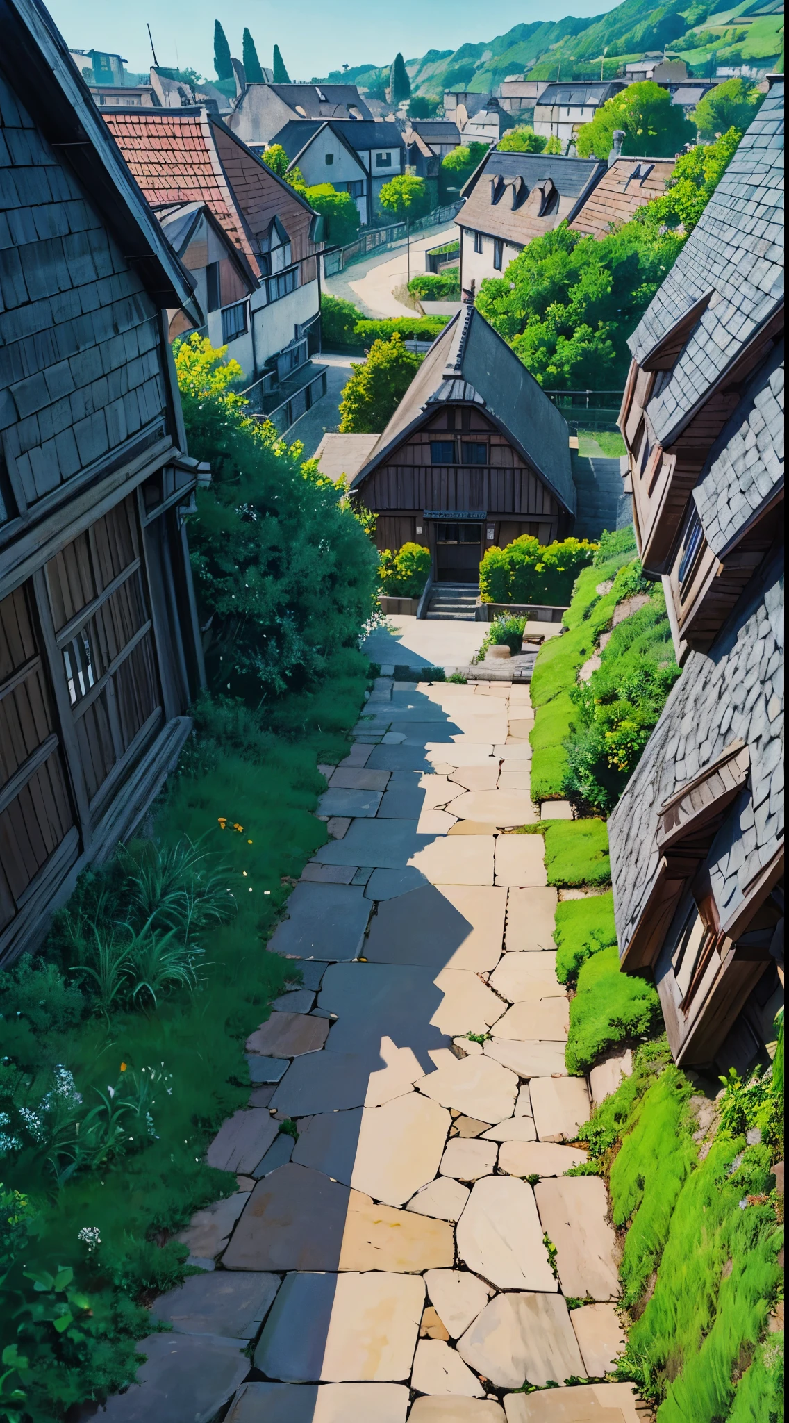 house ghibli, village view, daylight, visible from the front, solid picture