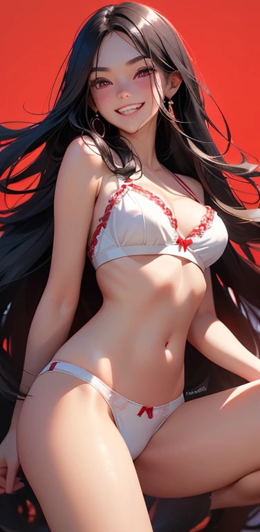 (8K、highest quality、masterpiece:1.2)、Super detailed、super resolution、Realistic、(1girl) 、(black hair)、long hair,straight hair,red eyes、forehead,squatting,(face focus,cowboy shot),(white bra white panties only)、(grin:1.3),open mouth、cute face,blush、large breasts,(simple background),