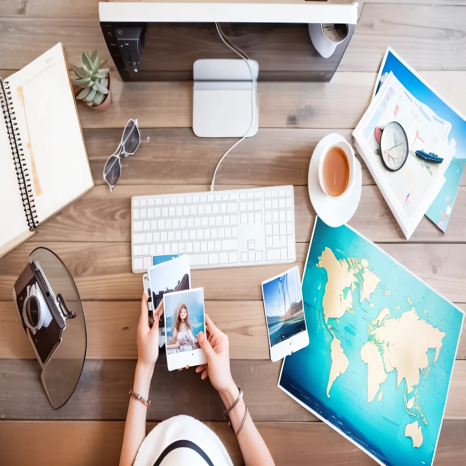 vue aérienne d'une personne utilisant un ordinateur avec une carte à l'screen, travel la photographie, tourism la photographie, Photos de vacances, pose à plat, guide de voyage, professional photo couleurgraphy, photo couleur, sur un bureau en bois, sur un bureau, stunning visual, voyage et aventure, stunning image, Prise de photos, impression de photo, photo couleur, photo portrait, la photographie