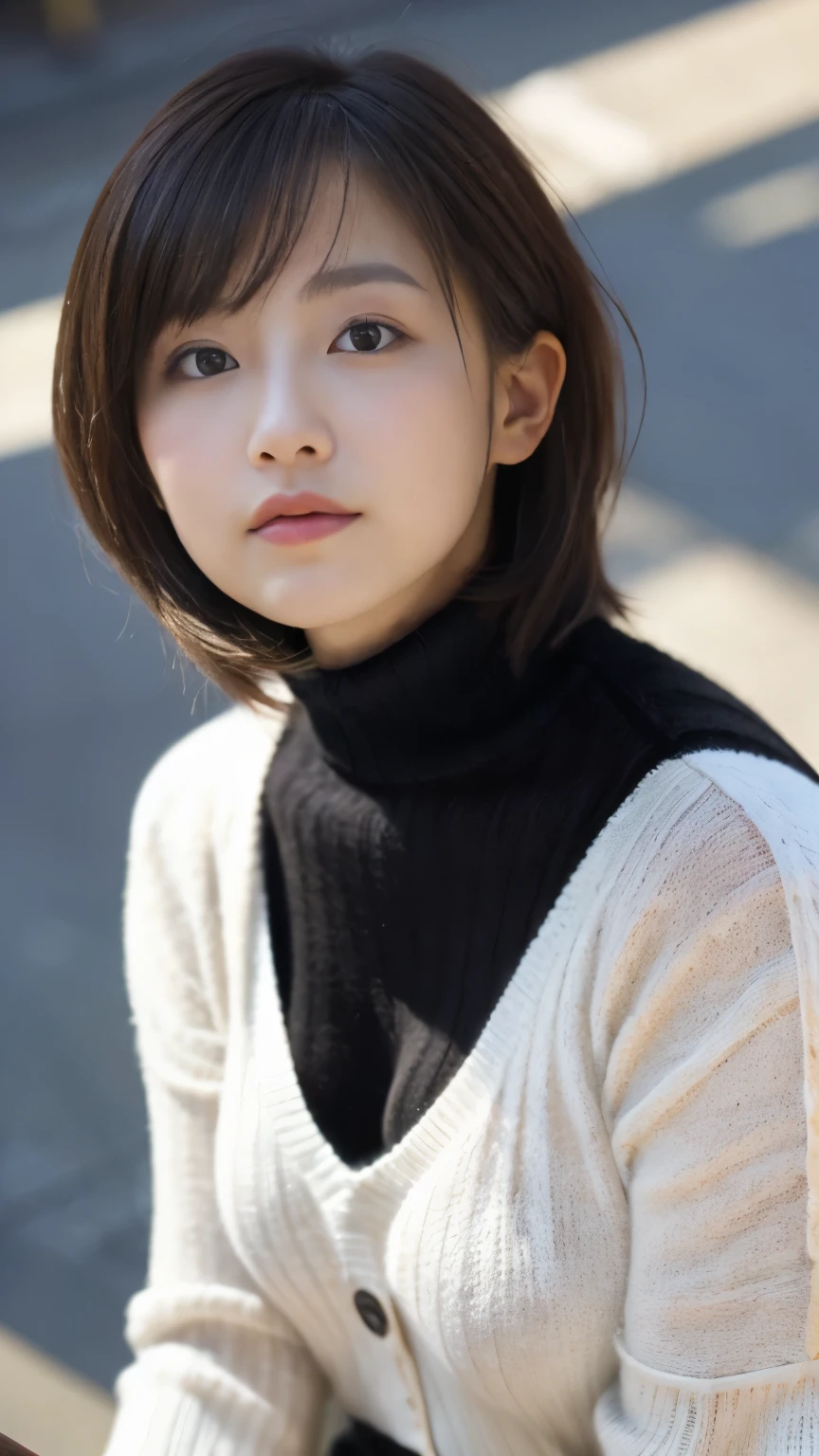 (((1girl)))((best qualtiy, 8K, tmasterpiece:1.3)),((Sharp:1.2, perfect figure beautiful woman:1.4, Slim abs:1.2)), ((Layered Hair Style, huge tit:1.3)),((Highly detailed facial and skin texture,A detailed eye,Black eye,double eyelid, droopy eyes)),(japan girl:1.5)(Brown Hair,Bob Cut)(Turtleneck sweater:1.8),(japan street:1.3)(from above:1.3)