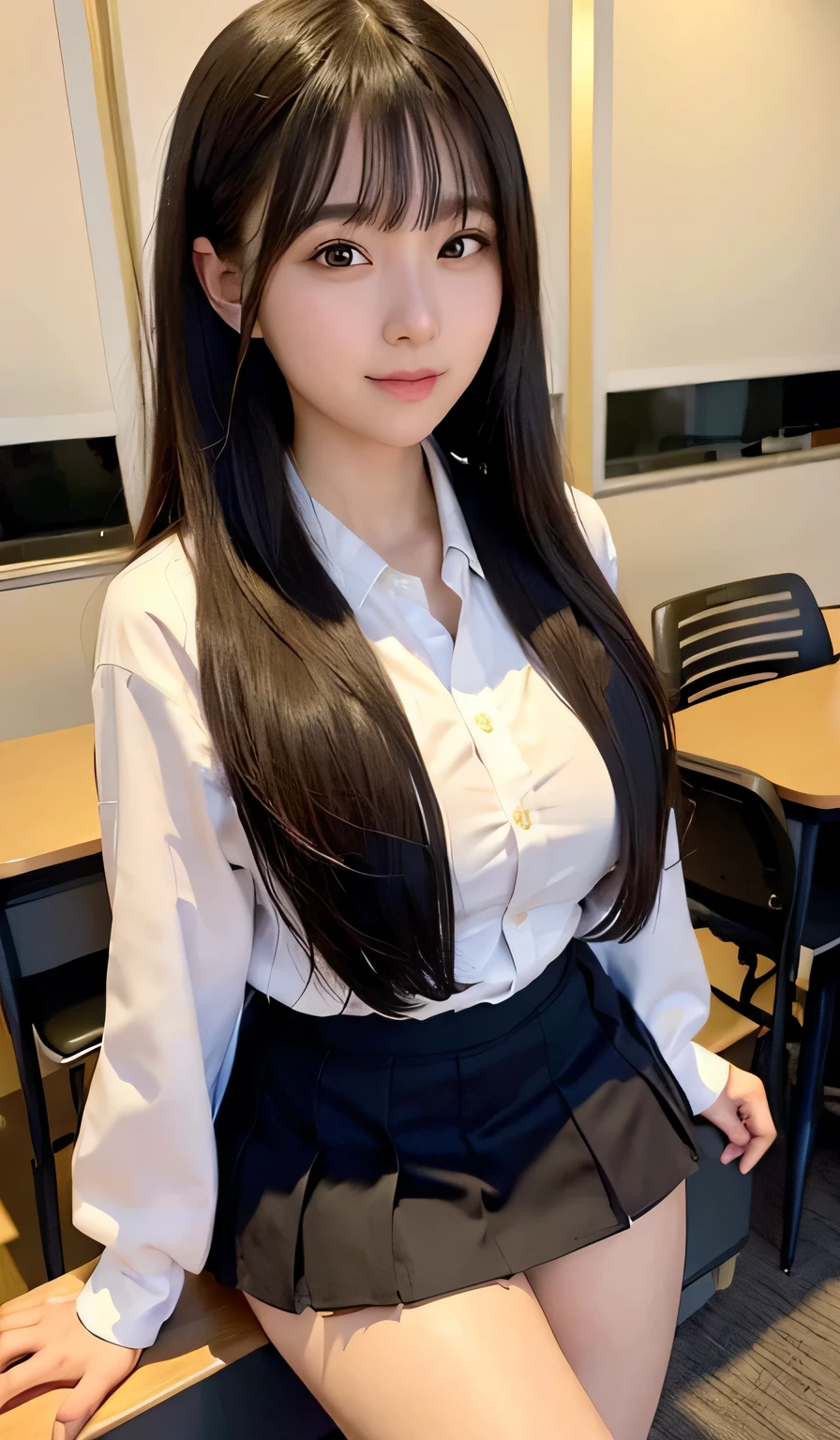 (big breasts:1.3), straight hair, black hair, 1 girl, beautiful, cute, professional lighting, highest quality, well-groomed face, beautiful, whole body,School,beautiful woman, (School制服:1.7), beautiful, clear