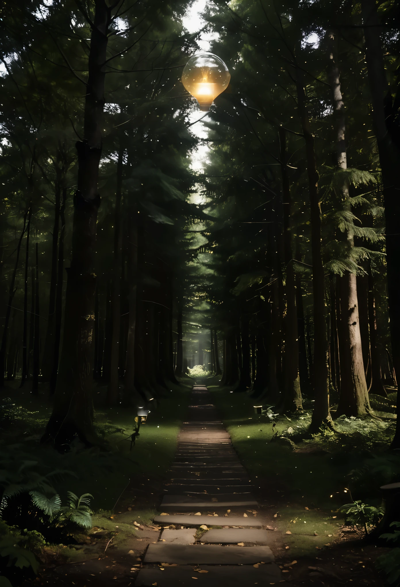 An imaginative image of a lightbulb floating above a path in a dark forest, illuminating the way forward. This represents the 'magic of innovation' mentioned by Paul Arden, symbolizing the idea that innovative thinking lights up the darkest paths and leads to discoveries.