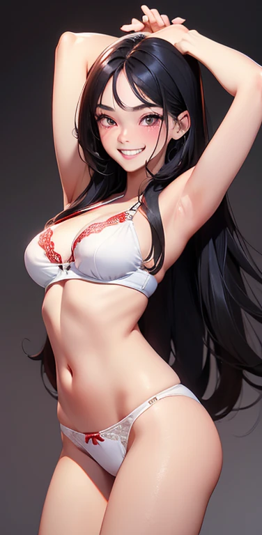 (8K、highest quality、masterpiece:1.2)、Super detailed、super resolution、Realistic、(1girl) 、(black hair)、long hair,straight hair,red eyes、forehead,squatting,(face focus,cowboy shot),(white bra white panties only)、(grin:1.3),open mouth、cute face,blush、large breasts,(simple background),