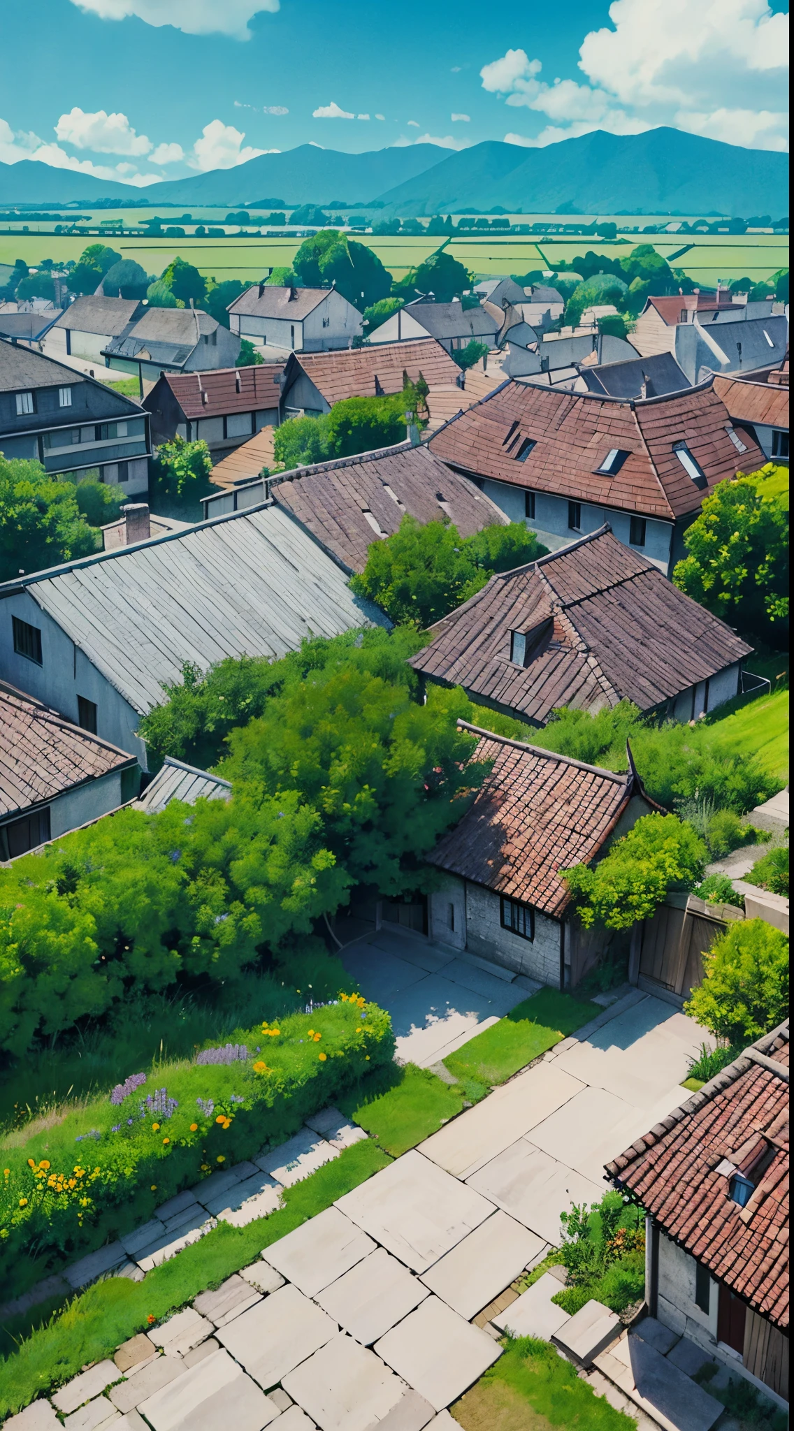 house ghibli, village view, daylight, visible from the front, solid picture