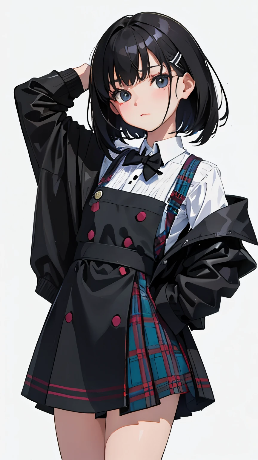 (short cute girl, young studeg delicate girl),(masterpiece,Top quality),black tartan check pinafore,black medium bob,sleepy,white background