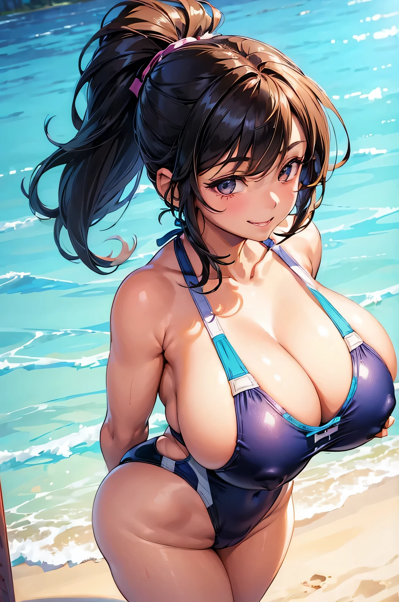 (((1 girl:1.5))),(Smile Beam:1.5),((Pose from the side:2.0)),((Pose from above:2.0)),((huge breasts:1.7)),(huge saggy breasts:1.7), cleavage,((Swimsuit:1.5)),30 years old,masterpiece,hyper quality, very detailed,perfect picture,3D,8k,High resolution,seductive anime girl, medium hair:1.3,black hair,black eye,sporty hairstyle,High leg:5.0, Smooth anime CG art,