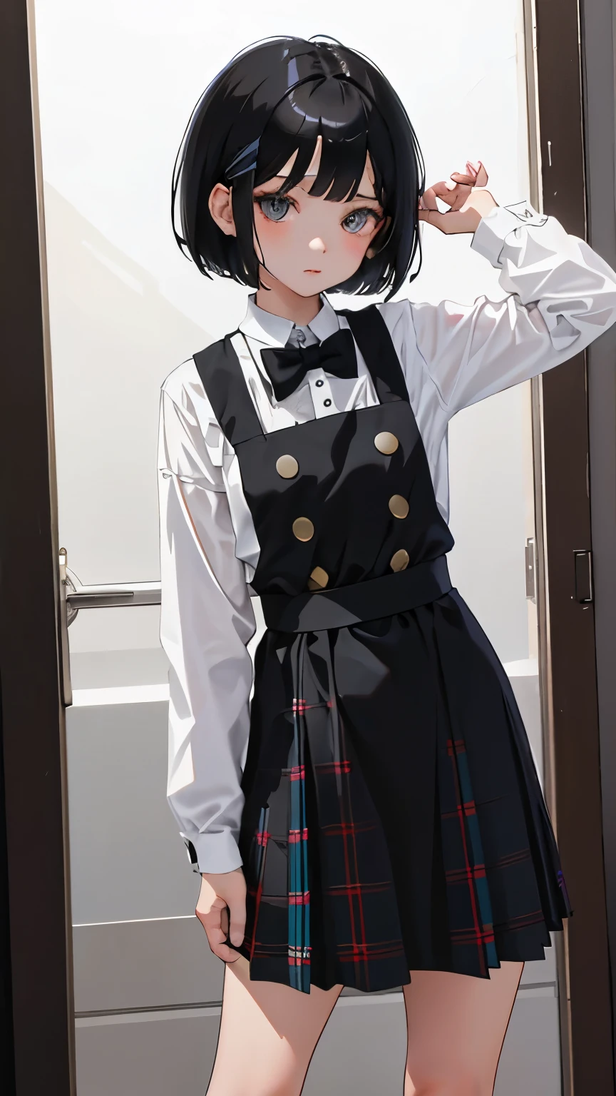 (short cute girl,small young student,young delicate girl),(masterpiece,Top quality),black tartan check pinafore,black medium bob,sleepy,white background