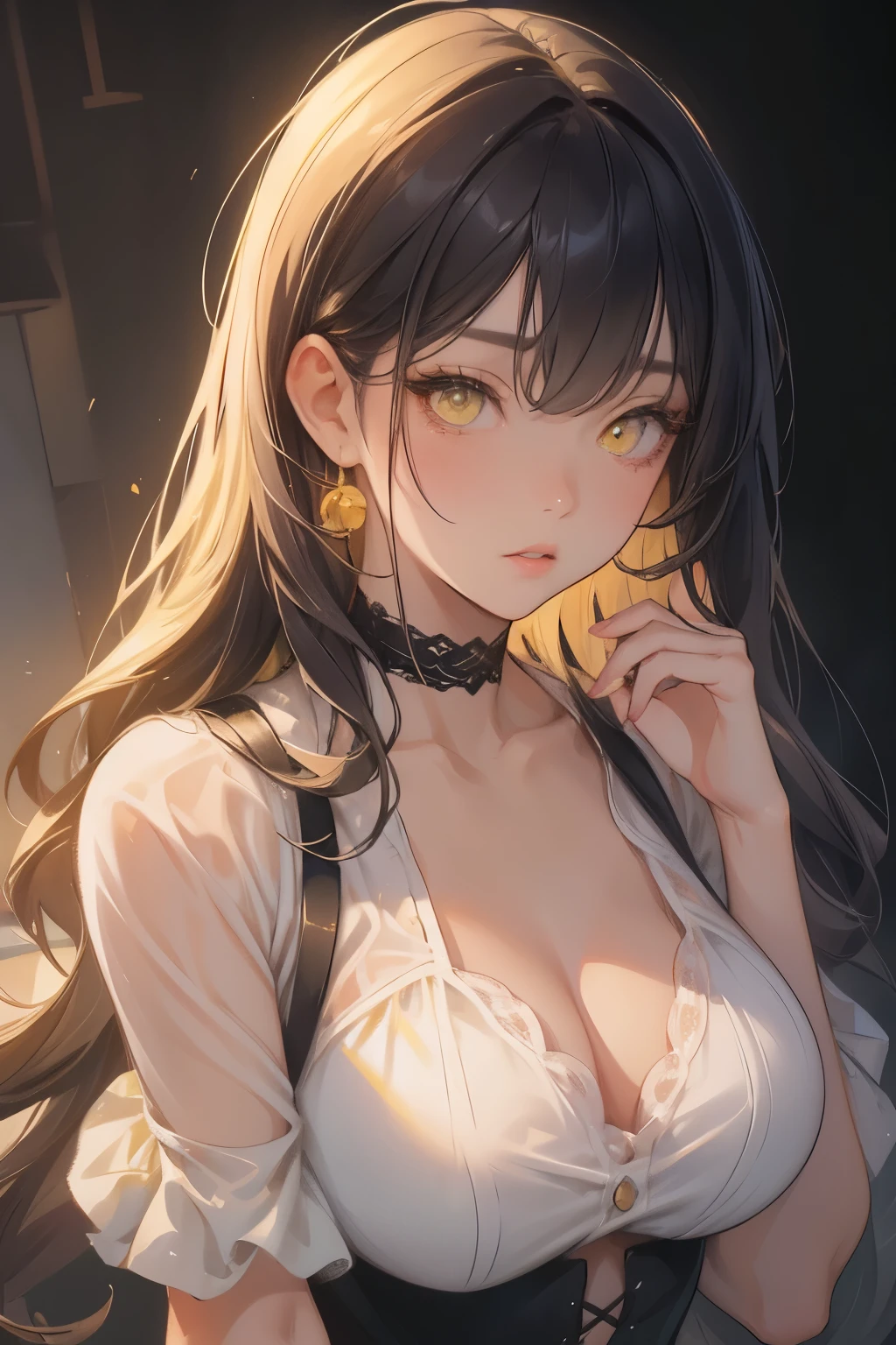 Semi-realistic anime portrait, 1woman, ((yellow doe eyes)), dark purple hair, long hair, wavy hair, swept bangs, pretty eyes, juicy lips, black modern lace croptop, choker, round earrings and rings