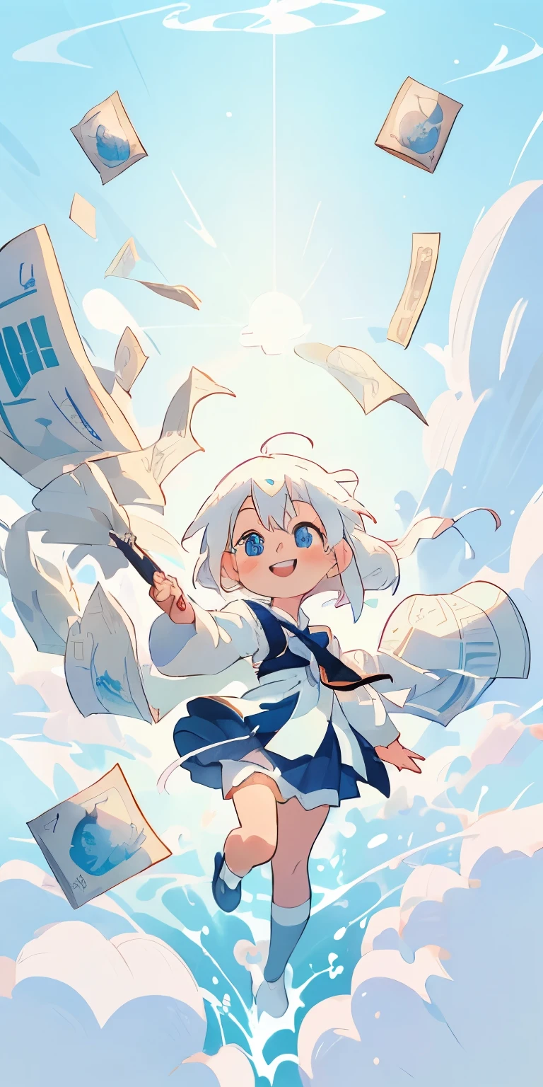 Anime girl with white hair and blue eyes smiling in front of money, splash ink art anime , Anime visuals of a cute girl, White-haired God, change, White hair floating in the air, white hair girl, exciting illustrations, pixiv contest winners, guweiz on pixiv artstation, Small curves , Smile like a fairy king